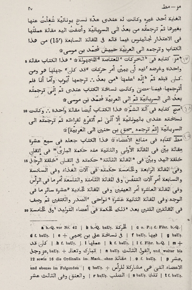 V» £> L^dU^ äJUw *xii v^xäxsi^ ^i »-Xäj ^ |3^> ^o (15r) &juL*JI üJlftH 3 *3^ (jwj-hJLs* ^iAXcii &^y~y> qJ Xx^xi! ^ 5 ^'u><]| T\ 5 iüüw oUXit IX* 8 <*idj*ÄÖ4 üaoLäxX!c oUy=vJtb .y äjU5 y p «t £■ J& 'uU> gc)Ü vAig OÜy* j^i (JVM ^ »tft» 9*ü>^ «J^5>»5 ^Jli ül l*U ■ O^ji Lfc+>y» /.«■*■*$ 0^k ^]h |*^* ^W5 o^' j 5. gJUs^y y! ^ ^cXix; LjlxiCi K3Wi o-aU^ i~xx2 (5? ^ Xxjj^xJi tXsj- ~ ’ -- - - io ,*. äi»x^>!jj &Jüw l-Aiajt w3l—xXii iX^ ■& ^**<31 KÜ ^'XX g«« ^Ji >ju>yi ^ ».jf-UtJ jyi ^ xxiU^xjb Ä^^w° ^ ** *» ® ßnayft y^ ov^ er? ^ ^ »V, -. ; tv- , ; ß ■—— ■y ■**’■ * ^S ä.).ä^>- ^ ^ L*j——^-- ^ <jLÄ^ ^^5 f-jLÄ.^” .'-»^ 0lÄl ^ m'^Uil «u*=- «Jo x*jUita yit' Jj&xt ,y yu &.J (\4 » J.^ «ü0~.° 0LSi1 j «o*JC=- “KÜUJI äüUtt“ J> -&iS O^JfXäli- ä^UJi y 5 .cl3.it.ji O^i «UMotS.^ iCÄiipi idlüli y_j (jo*ijii ^.5 La j««! XjtxJjüi ^ Xx/öLxIi XJ'Jili 3^ ^j^ÄÄXJi w>bH yS)\ ^y L* ^jL« ä^3Xfrp jüjlil Kiläli ys * jj^JLAxii j^i ä^XilxJi idLsUi ^s3 'v^juo* ^‘i ^J^-ÄX^ii^ jwX>^Jlr q Ä.AjUii xi'jili ^2^ Ä^^Ji 20 <331 tXxj^Xii ^L«ca£.! ^3 K^XÜ yXi38 lXäj (^XiJi (jNjcJÜÜi ^2 a b.-Q. vor Nr. 42 | 0 b.-Q. baU>;. xi^ü J C o. P.^ f. Fihr. b.-Q. d f. baüs. | e -f Qj &.3=U*o 3 I f bau?. 1^x2 [ g baüs. 0.5 .1/ | h f. baüs. j i 1 k f. baüs. | | f. Fihr. b.-Q. | m -f . ' - » - -■ >-t3 . r‘— baüs. + vilx'i* uX.LjJS | n baüs. >*£^Jl>Jf 3jÜÜ? und weiter bis 12 sowie 16 die Ordinaüa im,. Mask.. ohne äJUL^ | 0 f. baüs. [ p ■ ‘ ..-. «P und ebenso im Folgenden | q baüs. -f- ^jo<L.]J Ä.i^L^d»Ä ^xii i>.i'JÜi ^.2^ /öXxii* | r baüs. v_xLö-ii j S baüs. uUX | t f. baüä ■3.