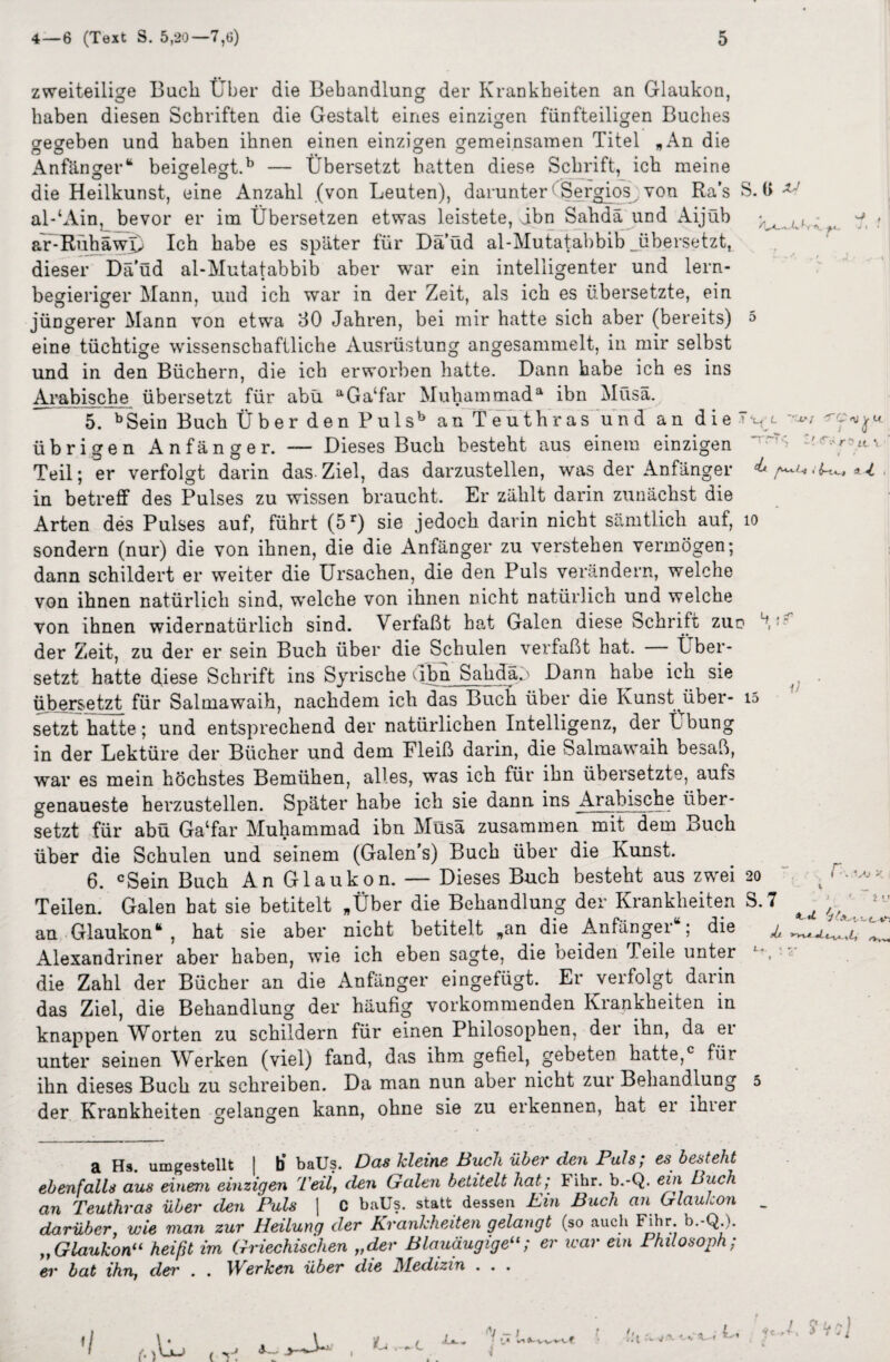 zweiteilige Buch Über die Behandlung der Krankheiten an Glaukon, haben diesen Schriften die Gestalt eines einzigen fünfteiligen Buches gegeben und haben ihnen einen einzigen gemeinsamen Titel „An die Anfänger“ beigelegt.b — Übersetzt hatten diese Schrift, ich meine die Heilkunst, eine Anzahl (von Leuten), darunter(Sergios von Ra’s S. t> al-‘Ain, bevor er im Übersetzen etwas leistete, vibn Sahdä und Aijüb ^ ar-E,ühäwI> Ich habe es später für Dä’üd al-Mutatabbib übersetzt, dieser Dä'üd al-Mutatabbib aber war ein intelligenter und lern¬ begieriger Mann, und ich war in der Zeit, als ich es übersetzte, ein jüngerer Mann von etwa 30 Jahren, bei mir hatte sich aber (bereits) 5 eine tüchtige wissenschaftliche Ausrüstung angesammelt, in mir selbst und in den Büchern, die ich erworben hatte. Dann habe ich es ins Arabische übersetzt für abü aGa‘far Muhammad3, ibn Müsä. 5. bSein Buch Über den Pulsb an Teuthras und an die übrigen Anfänger. — Dieses Buch besteht aus einem einzigen Teil; er verfolgt darin das Ziel, das darzustellen, was der Anfänger ^ in betreff des Pulses zu wissen braucht. Er zählt darin zunächst die Arten des Pulses auf, führt (5r) sie jedoch darin nicht sämtlich auf, io sondern (nur) die von ihnen, die die Anfänger zu verstehen vermögen; dann schildert er weiter die Ursachen, die den Puls verändern, welche von ihnen natürlich sind, welche von ihnen nicht natürlich und welche von ihnen widernatürlich sind. Verfaßt bat Galen diese Schrift zud Lt der Zeit, zu der er sein Buch über die Schulen verfaßt hat. über¬ setzt hatte diese Schrift ins Syrische (Ibn Sahdä.) Dann habe ich sie übersetzt für Salmawaih, nachdem ich das Buch über die Kunst über- 15 setzt hatte; und entsprechend der natürlichen Intelligenz, der L bung in der Lektüre der Bücher und dem Fleiß darin, die Salmawaih besaß, war es mein höchstes Bemühen, alles, was ich für ihn übersetzte, aufs genaueste herzustellen. Später habe ich sie dann ins Arabische über¬ setzt für abü Ga‘far Muhammad ibn Müsä zusammen mit dem Buch über die Schulen und seinem (Galen’s) Buch über die Kunst. 6. cSein Buch An Glaukon. — Dieses Buch besteht aus zwei 20 Teilen. Galen bat sie betitelt „Über die Behandlung der Krankheiten S.7 an Glaukon“, hat sie aber nicht betitelt „an die Anfänger“; die ± Alexandriner aber haben, wie ich eben sagte, die neiden Peile unter die Zahl der Bücher an die Anfänger eingefügt. Er verfolgt darin das Ziel, die Behandlung der häufig vorkommenden Krankheiten in knappen Wbrten zu schildern für einen Philosophen, dei ihn, da ei unter seinen Werken (viel) fand, das ihm gefiel, gebeten hatte,0 für ihn dieses Buch zu schreiben. Da man nun aber nicht zur Behandlung 5 der Krankheiten gelangen kann, ohne sie zu erkennen, hat er ihiei a Hs. umgestellt | b* baüs. Das kleine Buch über den Puls; es besteht ebenfalls aus einem einzigen Teil\ den Galen betitelt hat.; Fihr. b.-Q. ein Buch an Teuthras über den Puls | C baUs. statt dessen Bin Buch an GlauLon darüber wie man zur Heilung der Krankheiten gelangt (so auch Fihr. b.-Q.). „ Glaukon“ heißt im Griechischen „der Blauäugigelt; er war ein Philosoph ; er bat ihn, dei' . . Werken über die ^Medizin . . . Jul. « - i f't 'v. jf»- tVU f vc