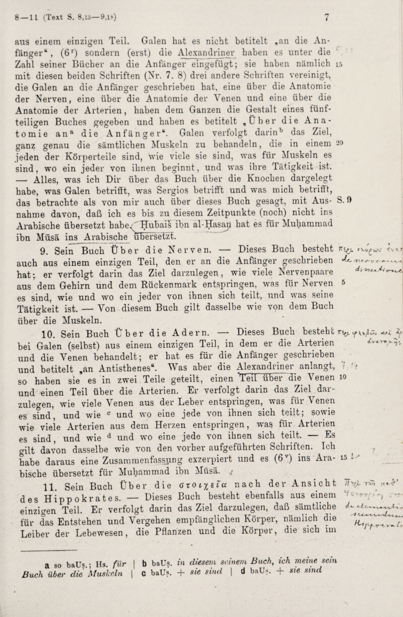 n aus einem einzigen Teil. Galen hat es nicht betitelt „an die An¬ fänger“ , (6r) sondern (erst) die Alexandriner haben es unter die Zahl seiner Bücher an die Anfänger eingefügt; sie haben nämlich 15 mit diesen beiden Schriften (Nr. 7. 8) drei andere Schriften vereinigt, die Galen an die Anfänger geschrieben hat, eine über die Anatomie der Nerven, eine über die Anatomie der Venen und eine über die Anatomie der Arterien, haben dem Ganzen die Gestalt eines fünf¬ teiligen Buches gegeben und haben es betitelt „Über die Ana¬ tomie ana die Anfänger“. Galen verfolgt darinb das Ziel, ganz genau die sämtlichen Muskeln zu behandeln, die in einem 20 jeden der Körperteile sind, wie viele sie sind, was für Muskeln es sind, wo ein jeder von ihnen beginnt, und was ihre Tätigkeit ist. — Alles, was ich Dir über das Buch über die Knochen dargelegt habe, was Galen betrifft, was Sergios betrifft und was mich betrifft, das betrachte als von mir auch über dieses Buch gesagt, mit Aus- S. 9 nähme davon, daß ich es bis zu diesem Zeitpunkte (noch) nicht ins Arabische übersetzt habe/ Hubais ibn al-Hasan hat es für Muhammad ibn Müsä ins Arabische übersetzt. 9. Sein Buch Über die Nerven. — Dieses Buch besteht riy. auch aus einem einzigen Teil, den er an die Anfänger geschrieben hat;, er verfolgt darin das Ziel darzulegen, wie viele Nervenpaare aus dem Gehirn und dem Rückenmark entspringen, was für Nerven 5 es sind, wie und wo ein jeder von ihnen sich teilt, und was seine Tätigkeit ist. — Von diesem Buch gilt dasselbe wie von dem Buch über die Muskeln. 10. Sein Buch Über die Adern. — Dieses Buch besteht ^ bei Galen (selbst) aus einem einzigen Teil, in dem er die Arterien und die Venen behandelt; er hat es für die Anfänger geschrieben und betitelt „an Antisthenes“. Was aber die Alexandriner anlangt, 7 ri so haben sie es in zwei Teile geteilt, einen *TeiI über die Venen 10 und einen Teil über die Arterien. Er verfolgt darin das Ziel dar¬ zulegen, wie viele Venen aus der Leber entspringen, was für Venen es sind und wie c und wo eine jede von ihnen sich teilt; sowie wie viele Arterien aus dem Herzen entspringen, was für Arterien es sind, und wie d und wo eine jede von ihnen sich teilt. — Es oilt davon dasselbe wie von den vorher aufgeführten Schriften. Ich habe daraus eine Zusammenfassung exzerpiert und es (6V) ins Ara- 15 < bische übersetzt für Muhammad ibn Müsä. 11. Sein Buch Über die 6toi%sia nach der Ansicht des Hippokrates. — Dieses Buch besteht ebenfalls aus einem einzigen Teil. Er verfolgt darin das Ziel darzulegen, daß sämtliche für das Entstehen und Vergehen empfänglichen Körper, nämlich die Leiber der Lebewesen, die Pflanzen und die Körper, die sich im H.iiu n » «. a qn halTs • Hs für I b baüs. in diesem seinem Buch, ich meine sein Buch\L- die Muikeln | c baüi. + «> sind | d baU?. + ™ sind