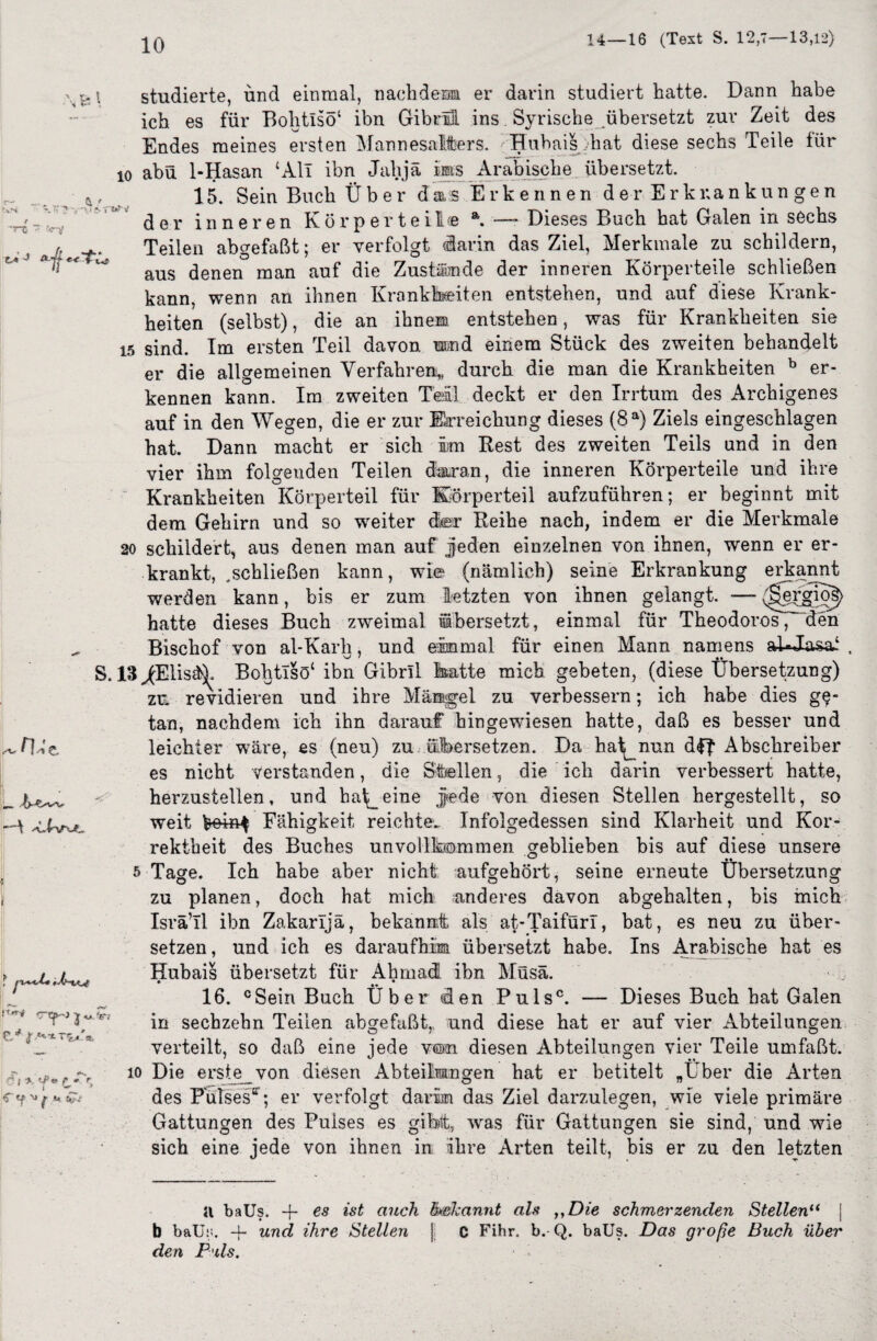 fc s- 4 f . ' ' «, nt» *■' ~rx ~ är# t* J tt4 e . *JnPd£, ■ r n-xf d» iM-t> ■W t|»-J J «. <r; €.rf ö i^Y* C ' r> studierte, und einmal, nachdem er darin studiert hatte. Dann habe ich es für Bohtlsö1 ihn Gibrll ins. Syrische übersetzt zur Zeit des Endes meines ersten Mannesalters. Dubais hat diese sechs Teile iür 10 abü 1-Hasan ‘All ihn Jalyjä ims Arabische übersetzt. 15. Sein Buch Über das Erkennen der Erkrankungen der inneren Körperteil© V— Dieses Buch hat Galen in sechs Teilen abgefaßt; er verfolgt darin das Ziel, Merkmale zu schildern, aus denen man auf die Zustande der inneren Körperteile schließen kann, wenn an ihnen Krankheiten entstehen, und auf diese Krank¬ heiten (selbst), die an ihnen entstehen, was für Krankheiten sie 15 sind. Im ersten Teil davon mnd einem Stück des zweiten behandelt er die allgemeinen Verfahren,, durch die man die Krankheiten b er¬ kennen kann. Im zweiten Teil deckt er den Irrtum des Archigenes auf in den Wegen, die er zur Erreichung dieses (8a) Ziels eingeschlagen hat. Dann macht er sich iim Rest des zweiten Teils und in den vier ihm folgenden Teilen dmran, die inneren Körperteile und ihre Krankheiten Körperteil für Körperteil aufzuführen; er beginnt mit dem Gehirn und so weiter dhr Reihe nach, indem er die Merkmale 20 schildert, aus denen man auf Jeden einzelnen von ihnen, wenn er er¬ krankt, .schließen kann, wie (nämlich) seine Erkrankung erkannt werden kann, bis er zum letzten von ihnen gelangt. —- hatte dieses Buch zweimal Übersetzt, einmal für Theodoros, den Bischof von al-Karh, und einmal für einen Mann namens aUJasaf , S. !3j£ElisäA BohtIsö‘ ibn Gibrll featte mich gebeten, (diese Übersetzung) zu revidieren und ihre Mängel zu verbessern; ich habe dies ge¬ tan, nachdem ich ihn darauf hingewiesen hatte, daß es besser und leichter wäre, es (neu) zu .-.Übersetzen. Da hat^nun d$f Abschreiber es nicht verstanden, die Stellen, die ich darin verbessert hatte, herzustellen, und ha\_eine jede von diesen Stellen hergestellt, so weit Fähigkeit reichte. Infolgedessen sind Klarheit und Kor¬ rektheit des Buches unvollkommen geblieben bis auf diese unsere 5 Tage. Ich habe aber nicht aufgehört, seine erneute Übersetzung zu planen, doch hat mich anderes davon abgehalten, bis mich Isrä’Tl ibn Zakarljä, bekannt als at-Taifürl, bat, es neu zu über¬ setzen, und ich es daraufhim übersetzt habe. Ins Arabische hat es Hubais übersetzt für Ahmad ibn Müsä. * • .. * # 16. cSein Buch Uber den Puls0. — Dieses Buch hat Galen in sechzehn Teilen abgefaßt,, und diese hat er auf vier Abteilungen verteilt, so daß eine jede von diesen Abteilungen vier Teile umfaßt. 10 Die ersle_von diesen Abteilungen hat er betitelt „Über die Arten des Pulses*; er verfolgt darin das Ziel darzulegen, wie viele primäre Gattungen des Pulses es gibt, was für Gattungen sie sind, und wie sich eine jede von ihnen in ihre Arten teilt, bis er zu den letzten 11 baUs. -f- es ist auch bekannt als ,,Die schmerzenden Stellen“ | b baUs. und ihre Stellen j; C Fihr. b. Q. baUs. Das große Buch über den Puls.