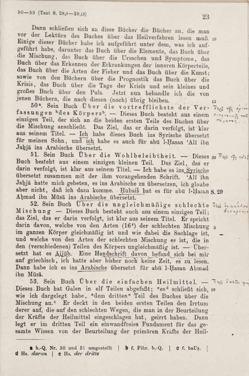 50 — 53 (Text S. 2b,9—29,13) 23 Dann schließen sich au diese Bücher die Bücher an, die man vor der Lektüre des Buches über das Heilverfahren lesen muß. mige dieser Bücher habe ich aufgeführt unter dem, was ich auf- getührt habe, darunter das Buch über die Elemente, das Buch über ie Mischung, das Buch über die Ursachen und Symptome, das Buch über das Erkennen der Erkrankungen der inneren Körperteile, das Buch über die Arten der Fieber und das Buch über die Kunst; sowie von den Büchern über die Prognostik das Buch über die Krisis, das Buch über die Tage der Krisis und sein kleines und großes Buch über den Puls. Jetzt nun behandle ich die von jenen Büchern, die nach diesen (noch) übrig bleibeu. 50a. Sein Buch Über die vortrefflichste der Ver¬ fassungen bdes Körpersb. — Dieses Buch besteht aus einem einzigen Teil, der sich an die beiden ersten Teile des Buches über die Mischung anschließt. Das Ziel, das er darin verfolgt, ist klar aus seinem Titel. Ich habe dieses Buch ins Syrische übersetzt für meinen Sohn, und ich habe es auch für abü 1-Hasan ‘All ibn Jahjä ins Arabische übersetzt. 51. Sein Buch Über die Wohlbeleibtheit. — Dieses Buch besteht aus einem einzigen kleinen Teil. Das Ziel, das er darin verfolgt, ist klar aus seinem Titel. — Ich habe es ins Syrische übersetzt zusammen mit der ihm vorangehenden Schrift. ‘All ibn Jahjä hatte mich gebeten, es ins Arabische zu übersetzen, ich glaabe aber nicht, daß ich dazu komme. Dubais hat es für abü 1-Hasan Ahmad ibn Müsä ins Arabische übersetzt. 52. Sein Buch Über die ungleichmäßige schlechte Mischung — Dieses Buch besteht auch aus einem einzigen Teil; das Ziel, das er darin verfolgt, ist klar aus seinem Titel. Er spricht darin davon, welche von den Arten (16r) der schlechten Mischung im ganzen Körper gleichmäßig ist und wie dabei die Sachlage ist, und welche von den Arten der schlechten Mischung es ist, die in den (verschiedenen) Teilen des Körpers ungleichmäßig ist. — Über¬ setzt hat es Ajj&h- Eine Handschrift davon befand sich bei mir auf griechisch, ich hatte aber bisher noch keine Zeit, es zu lesen. Dann habe ich es ins Arabische übersetzt für abü 1-Tlasan Ahmad ibn Müsä. 53. Sein Buch Über die einfachen Heilmittel. — Dieses~Buch hat Galen in elf Teilen abgefaßt; cesd schließt sich, wie ich dargelegt habe, edem dritten0 Teil des Buches über die Mischung an.c Er deckt in den beiden ersten Teilen den Irrtum derer auf, die-auf den schlechten Wegen, die man in der Beurteilung der Kräfte der Heilmittel eingeschlagen hat, geirrt haben. Dann legt er im dritten Teil ein einwandfreies Fundament für das ge¬ samte Wissen von der Beurteilung der primären Kräfte der Heil- 10 15 HI& V TIC 20 kt S. 20 nie}, <f \ Jj * 10