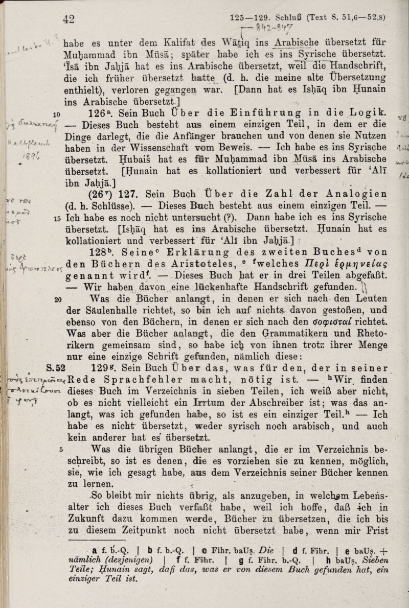 1 ly fv» 0 I W X Hy <*■ 4,y vli f> ä/ ? > -- ~fttf 7 T . _ ( _ * habe es unter dem Kalifat des Wätiq ins Arabische übersetzt für Muhammad ihn Müsä; später habe ich es ins Syrische übersetzt. ‘Isä ibn Jahjä hat es ins Arabische übersetzt, weil die Handschrift, die ich früher übersetzt hatte (d. h. die meine alte Übersetzung enthielt), verloren gegangen war. [Dann hat es Ishäq ibn Hunain ins Arabische übersetzt.] io 126a. Sein Buch Über die Einführung in die Logik. —- Dieses Buch besteht aus einem einzigen Teil, in dem er die Dinge darlegt, die die Anfänger brauchen und von denen sie Nutzen haben in der Wissenschaft vom Beweis. —- Ich habe es ins Syrische übersetzt. Hubais hat es für Muhammad ibn Müsä ins Arabische übersetzt. [Hunain hat es kollationiert und verbessert für ‘All ibn Jahjä.] (26v) 127. Sein Buch Über die Zahl der Analogien (d. h. Schlüsse). —- Dieses Buch besteht aus einem einzigen Teil. — 15 Ich habe es noch nicht untersucht (?). Dann habe ich es ins Syrische übersetzt. [Ishäq hat es ins Arabische übersetzt. Hunain hat es kollationiert und verbessert für £All ibn Jahjä.] r 128b. Seine0 Erklärung des zweiten Buchesd von den Büchern des Aristoteles, ö fwelches IIeqI e q (irj v e l<x q genannt wirdf. — Dieses Buch hat er in drei Teilen abgefaßt. -— Wir haben davon eine lückenhafte Handschrift gefunden.',! 20 Was die Bücher anlangt, in denen er sich nach den Leuten der Säulenhalle richtet, so Mn ich auf nichts davon gestoßen, und ebenso von den Büchern, in denen er sich nach den 6o<pi6teU richtet. Was aber die Bücher anlangt, die den Grammatikern und Rheto¬ rikern gemeinsam sind, so habe ic^ von ihnen trotz ihrer Menge nur eine einzige Schrift gefunden, nämlich diese: S.52 129g. Sein Buch Über das, was für den, der in seiner Rede Sprachfehler macht, nötig ist. — hWir. finden i'V-iJ tünj •f * m «w *<; n /\e t£ i-g-A Cfi-o r vfvv^ dieses Buch im Verzeichnis in sieben Teilen, ich weiß aber nicht, ob es nicht vielleicht ein Irrtum der Abschreiber ist; was das an¬ langt, was ich gefunden habe, so ist es ein einziger Teil.h —- Ich habe es nichir übersetzt, weder syrisch noch arabisch, und auch kein anderer hat es' übersetzt. Was die übrigen Bücher anlangt, die er im Verzeichnis be¬ schreibt, so ist es denen, die es vorziehen sie zu kennen, möglich, sie, wie ich gesagt habe, aus dem Verzeichnis seiner Bücher kennen zu lernen. - * -So bleibt mir nichts übrig, als anzugeben, in welchem Lebens¬ alter ich dieses Buch verfaßt habe, weil ich hoffe, daß -ich in Zukunft dazu kommen werde, Bücher zu übersetzen, die ich bis zu diesem Zeitpunkt noch nicht übersetzt habe, wenn mir Frist a f. t>.-Q. | b f. b.-Q. j © Fihr. baüs. Die [ d f. Fihr. | e baüs. -f* nämlich (desjenigen) | f f. Fihr. j g f. Fihr. b.-Q. | h baüs. Sieben Teile; Hunain sagt, daß das, was er von diesem Buch gefunden hat, ein einziger Teil ist.