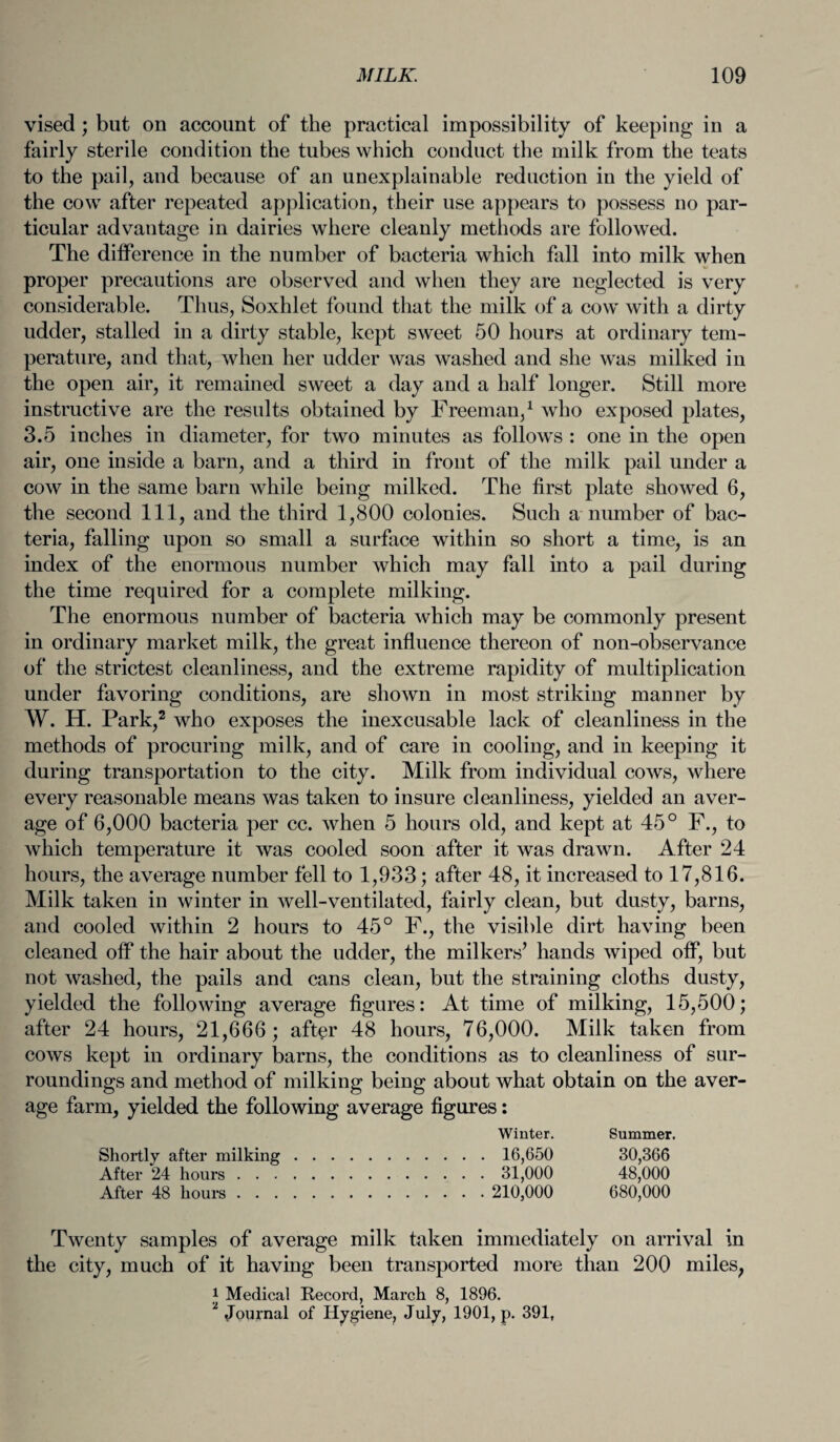 vised; but on account of the practical impossibility of keeping in a fairly sterile condition the tubes which conduct the milk from the teats to the pail, and because of an unexplainable reduction in the yield of the cow after repeated application, their use appears to possess no par¬ ticular advantage in dairies where cleanly methods are followed. The difference in the number of bacteria which fall into milk when proper precautions are observed and when they are neglected is very considerable. Thus, Soxhlet found that the milk of a cow with a dirty udder, stalled in a dirty stable, kept sweet 50 hours at ordinary tem¬ perature, and that, when her udder was washed and she was milked in the open air, it remained sweet a day and a half longer. Still more instructive are the results obtained by Freeman,1 who exposed plates, 3.5 inches in diameter, for two minutes as follows : one in the open air, one inside a barn, and a third in front of the milk pail under a cow in the same barn while being milked. The first plate showed 6, the second 111, and the third 1,800 colonies. Such a number of bac¬ teria, falling upon so small a surface within so short a time, is an index of the enormous number which may fall into a pail during the time required for a complete milking. The enormous number of bacteria which may be commonly present in ordinary market milk, the great influence thereon of non-observance of the strictest cleanliness, and the extreme rapidity of multiplication under favoring conditions, are shown in most striking manner by W. H. Park,2 who exposes the inexcusable lack of cleanliness in the methods of procuring milk, and of care in cooling, and in keeping it during transportation to the city. Milk from individual cows, where every reasonable means was taken to insure cleanliness, yielded an aver¬ age of 6,000 bacteria per cc. when 5 hours old, and kept at 45° F., to which temperature it was cooled soon after it was drawn. After 24 hours, the average number fell to 1,933; after 48, it increased to 17,816. Milk taken in winter in well-ventilated, fairly clean, but dusty, barns, and cooled within 2 hours to 45° F., the visible dirt having been cleaned off the hair about the udder, the milkers’ hands wiped off, but not washed, the pails and cans clean, but the straining cloths dusty, yielded the following average figures: At time of milking, 15,500; after 24 hours, 21,666; after 48 hours, 76,000. Milk taken from cows kept in ordinary barns, the conditions as to cleanliness of sur¬ roundings and method of milking being about what obtain on the aver¬ age farm, yielded the following average figures: Winter. Summer. Shortly after milking. 16,650 30,366 After 24 hours. 31,000 48,000 After 48 hours. 210,000 680,000 Twenty samples of average milk taken immediately on arrival in the city, much of it having been transported more than 200 miles, 1 Medical Record, March 8, 1896. 1 Journal of Hygiene, July, 1901, p. 391,