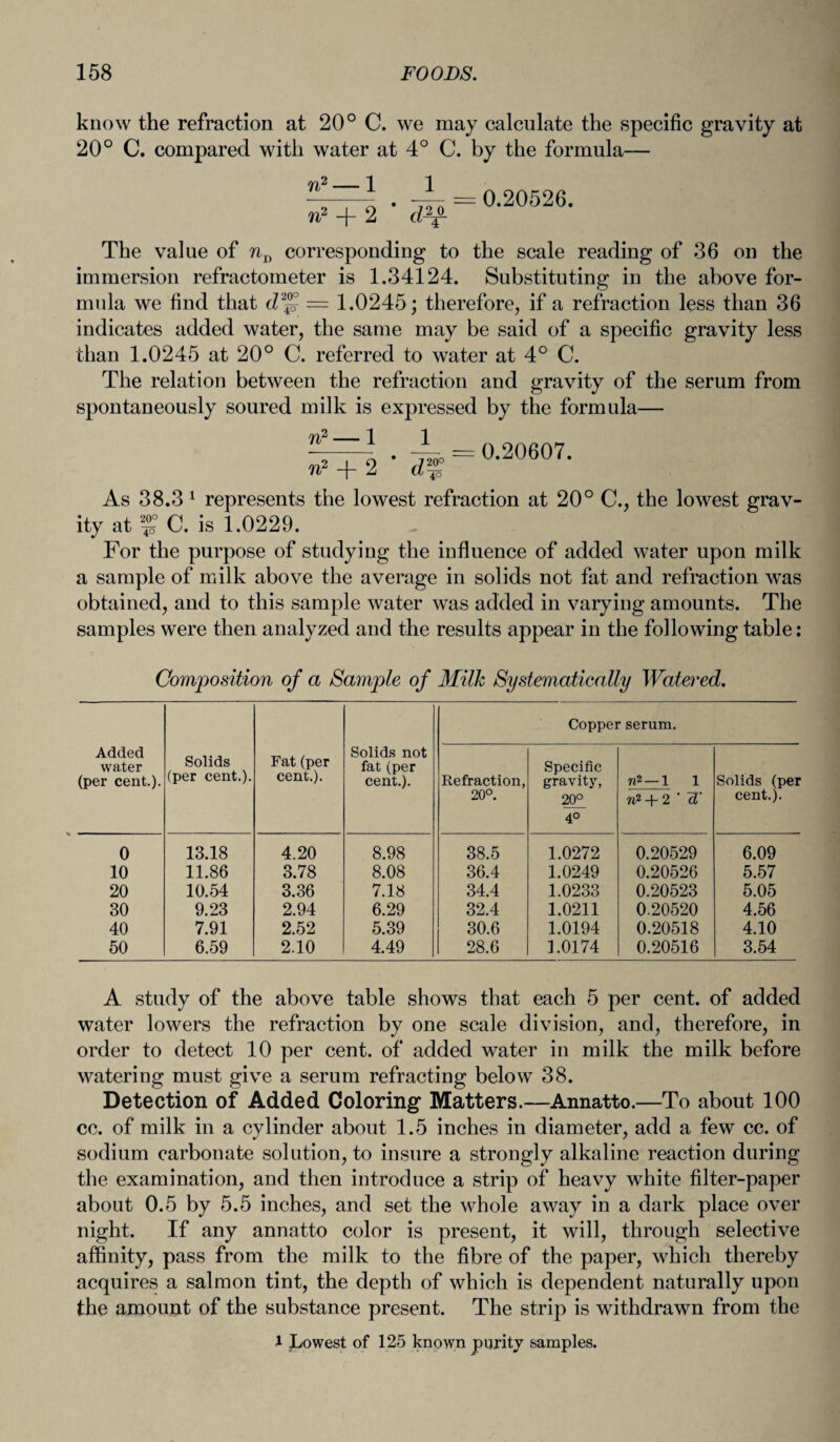 know the refraction at 20° C. we may calculate the specific gravity at 20° C. compared with water at 4° C. by the formula— n2— 1 1 n2 -f- 2 d-g- 0.20526. The value of nD corresponding to the scale reading of 36 on the immersion refractometer is 1.34124. Substituting in the above for¬ mula we find that d% = 1.0245; therefore, if a refraction less than 36 indicates added water, the same may be said of a specific gravity less than 1.0245 at 20° C. referred to water at 4° C. The relation between the refraction and gravity of the serum from spontaneously soured milk is expressed by the formula— nl 1 n2 -f- 2 7 20° ^ 40 = 0.20607. As 38.3 1 represents the lowest refraction at 20° C., the lowest grav¬ ity at 5 C. is 1.0229. For the purpose of studying the influence of added water upon milk a sample of milk above the average in solids not fat and refraction was obtained, and to this sample water was added in varying amounts. The samples were then analyzed and the results appear in the following table: Composition of a Sample of Milk Systematically Watered. Copper serum. Added water (per cent.)- Solids (per cent.). Fat (per cent.). Solids not fat(per cent.). Refraction, Specific gravity, ftf — 1 1 Solids (per 20°. 20° rtf + 2 ' ~d' cent.). 40 0 13.18 4.20 8.98 38.5 1.0272 0.20529 6.09 10 11.86 3.78 8.08 36.4 1.0249 0.20526 5.57 20 10.54 3.36 7.18 34.4 1.0233 0.20523 5.05 30 9.23 2.94 6.29 32.4 1.0211 0.20520 4.56 40 7.91 2.52 5.39 30.6 1.0194 0.20518 4.10 50 6.59 2.10 4.49 28.6 1.0174 0.20516 3.54 A study of the above table shows that each 5 per cent, of added water lowers the refraction by one scale division, and, therefore, in order to detect 10 per cent, of added water in milk the milk before watering must give a serum refracting below 38. Detection of Added Coloring Matters.—Annatto.—To about 100 cc. of milk in a cylinder about 1.5 inches in diameter, add a few cc. of sodium carbonate solution, to insure a strongly alkaline reaction during the examination, and then introduce a strip of heavy white filter-paper about 0.5 by 5.5 inches, and set the whole away in a dark place over night. If any annatto color is present, it will, through selective affinity, pass from the milk to the fibre of the paper, which thereby acquires a salmon tint, the depth of which is dependent naturally upon the amount of the substance present. The strip is withdrawn from the 1 Lowest °f 125 known parity samples.