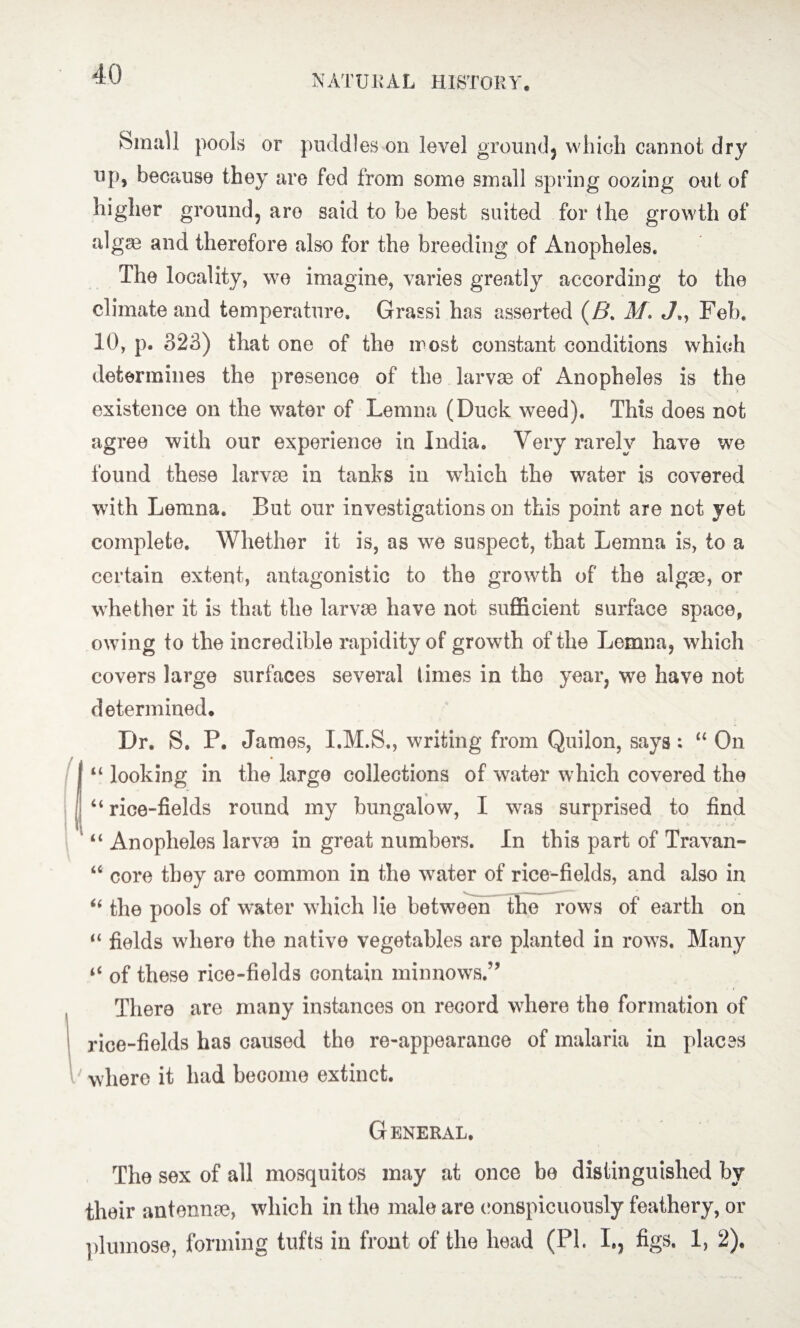 Small pools or puddles on level groundj which cannot dry up, because they are fed from some small spring oozing out of higher ground, are said to be best suited for the growth of algce and therefore also for the breeding of Anopheles. The locality, we imagine, varies greatly according to the climate and temperature. Grassi has asserted (B. M\ J», Feb. 10, p. 323) that one of the most constant conditions which determines the presence of the larvae of Anopheles is the existence on the water of Lemna (Duck weed). This does not agree with our experience in India. Very rarely have we found these larvae in tanks in which the water is covered with Lemna. But our investigations on this point are not yet complete. Whether it is, as we suspect, that Lemna is, to a certain extent, antagonistic to the growth of the algae, or whether it is that the larvae have not sufficient surface space, owing to the incredible rapidity of growth of the Lemna, which covers large surfaces several limes in the year, we have not determined. Dr. S. P. James, I.M.S., writing from Quilon, says : “ On “ looking in the large collections of water which covered the “ rice-fields round my bungalow, I was surprised to find “ Anopheles larvae in great numbers. In this part of Travan- u core they are common in the water of rice-fields, and also in “ the pools of water which He between the rows of earth on “ fields where the native vegetables are planted in rows. Many “ of these rice-fields contain minnows.” There are many instances on record where the formation of rice-fields has caused the re-appearance of malaria in places where it had become extinct. General. The sex of all mosquitos may at once be distinguished by their antennae, which in the male are conspicuously feathery, or plumose, forming tufts in front of the head (PI. I., figs. 1, 2).