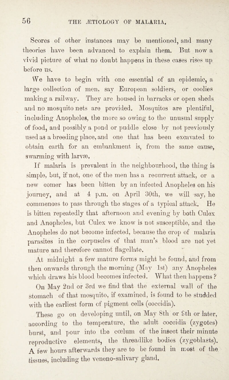 Scores of other instances may bo mentioned, and many theories have been advanced to explain them. But now a vivid picture of what no doubt happens in these cases rises up before us. We have to begin with one essential of an epidemic, a large collection of men, say European soldiers, or coolies making a railway. They are housed in barracks or open sheds and no mosquito nets are provided. Mosquitos are plentiful, including Anopheles, the more so owing to the unusual supply of food, and possibly a pond or puddle close by not previously used as a breeding place, and one that has been excavated to obtain earth for an embankment is, from the same cause, swarming with larvae. If malaria is prevalent in the neighbourhood, the thing is simple, but, if not, one of the men has a recurrent attack, or a new comer has been bitten by an infected Anopheles on his journey, and at 4 p.m. on April 30th, we will say, he commences to pass through the stages of a typical attack. He is bitten repeatedly that afternoon and evening by both Culex and Anopheles, but Culex we know is not susceptible, and the Anopheles do not become infected, because the crop of malaria parasites in the corpuscles of that man’s blood are not yet mature and therefore cannot flagellate. At midnight a few mature forms might be found, and from then onwards through the morning (May 1st) any Anopheles which draws his blood becomes infected. What then happens ? On May 2nd or 3rd we And that the external wall of the stomach of that mosquito, if examined, is found to be studded with the earliest form of pigment cells (coccidia). These go on developing until, on May 8th or Sth or later, according to the temperature, the adult coccidia (zygotes) burst, and pour into the ccelum of the insect their minute reproductive elements, the threadlike bodies (zygoblasts). A lew hours afterwards they are to be found in most of the tissues, including the veneno-salivary gland.