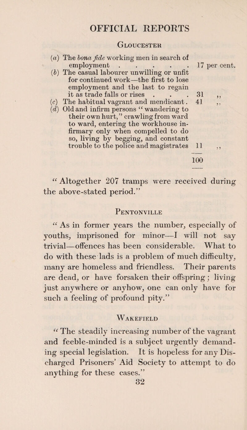 Gloucester (a) The bona fide working men in search of employment . . . . .17 per cent. (b) The casual labourer unwilling or unfit for continued work—the first to lose employment and the last to regain it as trade falls or rises . . .31 ,, (c) The habitual vagrant and mendicant. 41 ,, (d) Old and infirm persons “ wandering to their own hurt,” crawling from ward to ward, entering the workhouse in¬ firmary only wThen compelled to do so, living by begging, and constant trouble to the police and magistrates 11 ,, 100 “ Altogether 207 tramps were received during the above-stated period.” Pentonville “ As in former years the number, especially of youths, imprisoned for minor—I will not say trivial—offences has been considerable. What to do with these lads is a problem of much difficulty, many are homeless and friendless. Their parents are dead, or have forsaken their offspring; living just anywhere or anyhow, one can only have for such a feeling of profound pity.” Wakefield “ The steadily increasing number of the vagrant and feeble-minded is a subject urgently demand¬ ing special legislation. It is hopeless for any Dis¬ charged Prisoners’ Aid Society to attempt to do anything for these cases.”