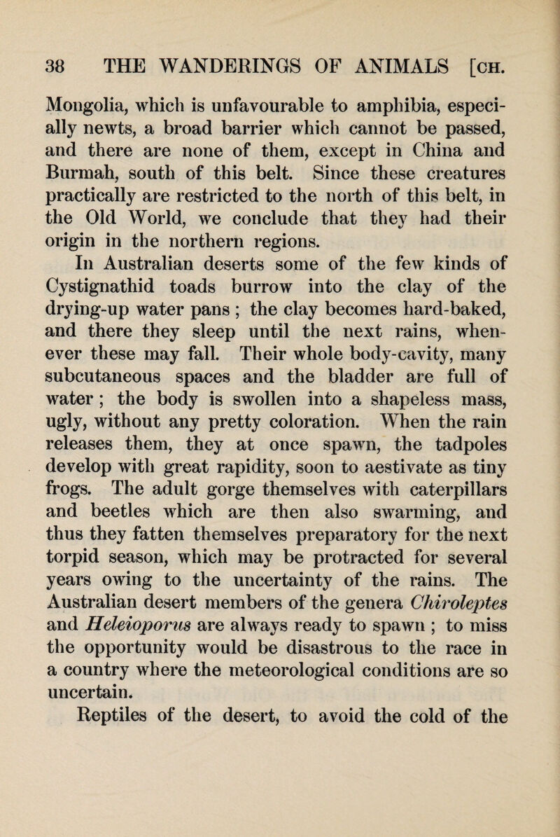 Mongolia, which is unfavourable to amphibia, especi¬ ally newts, a broad barrier which cannot be passed, and there are none of them, except in China and Burmah, south of this belt. Since these creatures practically are restricted to the north of this belt, in the Old World, we conclude that they had their origin in the northern regions. In Australian deserts some of the few kinds of Cystignathid toads burrow into the clay of the drying-up water pans ; the clay becomes hard-baked, and there they sleep until the next rains, when¬ ever these may fall. Their whole body-cavity, many subcutaneous spaces and the bladder are full of water ; the body is swollen into a shapeless mass, ugly, without any pretty coloration. When the rain releases them, they at once spawn, the tadpoles develop with great rapidity, soon to aestivate as tiny frogs. The adult gorge themselves with caterpillars and beetles which are then also swarming, and thus they fatten themselves preparatory for the next torpid season, which may be protracted for several years owing to the uncertainty of the rains. The Australian desert members of the genera Chiroleptes and Heleioporus are always ready to spawn ; to miss the opportunity would be disastrous to the race in a country where the meteorological conditions are so uncertain. Reptiles of the desert, to avoid the cold of the