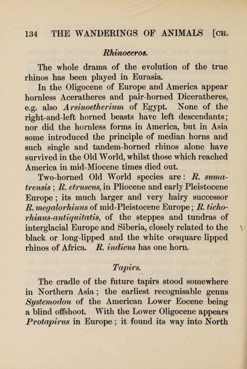 Rhinoceros. The whole drama of the evolution of the true rhinos has been played in Eurasia. In the Oligocene of Europe and America appear hornless Aceratheres and pair-horned Diceratheres, e.g. also Arsinoetherium of Egypt. None of the right-and-left horned beasts have left descendants; nor did the hornless forms in America, but in Asia some introduced the principle of median horns and such single and tandem-horned rhinos alone have survived in the Old World, whilst those which reached America in mid-Miocene times died out. Two-horned Old World species are: R. suma- trensis ; R. etruscus, in Pliocene and early Pleistocene Europe; its much larger and very hairy successor R. megalorhinus of mid-Pleistocene Europe; R. ticho- rhinus-antiquitatis, of the steppes and tundras of interglacial Europe and Siberia, closely related to the black or long-lipped and the white orsquare Tipped rhinos of Africa. R. indicus has one horn. Tapirs. The cradle of the future tapirs stood somewhere in Northern Asia; the earliest recognisable genus Systemodon of the American Lower Eocene being a blind offshoot. With the Lower Oligocene appears Protapirus in Europe ; it found its way into North