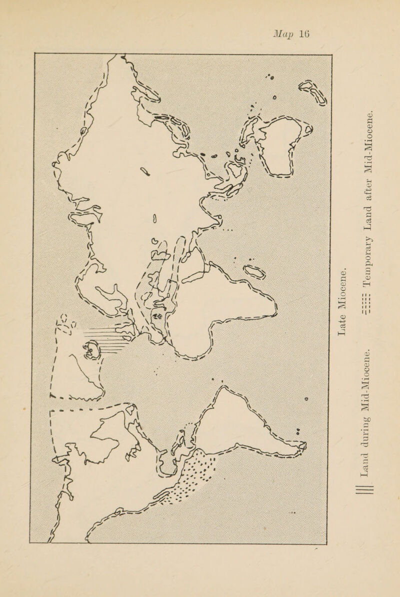 Land during Mid-Miocene. Temporary Land after Mid-Miocene.