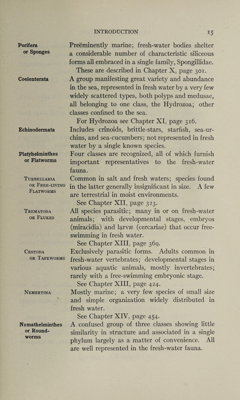 Porifera or Sponges Coelenterata Echinodermata Platyhelminthes or Flatworms Turbeixaria or Free-living Flatworms Trematoda or Flukes Cestoda or Tapeworms Nemertina N emathelminthes or Round- worms Preeminently marine; fresh-water bodies shelter a considerable number of characteristic siliceous forms all embraced in a single family, Spongillidae. These are described in Chapter X, page 301. A group manifesting great variety and abundance in the sea, represented in fresh water by a very few widely scattered types, both polyps and medusae, all belonging to one class, the Hydrozoa; other classes confined to the sea. For Hydrozoa see Chapter XI, page 316. Includes crinoids, brittle-stars, starfish, sea-ur¬ chins, and sea-cucumbers; not represented in fresh water by a single known species. Four classes are recognized, all of which furnish important representatives to the fresh-water fauna. Common in salt and fresh waters; species found in the latter generally insignificant in size. A few are terrestrial in moist environments. See Chapter XII, page 323. All species parasitic; many in or on fresh-water animals; with developmental stages, embryos (miracidia) and larvae (cercariae) that occur free- swimming in fresh water. See Chapter XIII, page 369. Exclusively parasitic forms. Adults common in fresh-water vertebrates; developmental stages in various aquatic animals, mostly invertebrates; rarely with a free-swimming embryonic stage. See Chapter XIII, page 424. Mostly marine; a very few species of small size and simple organization widely distributed in fresh water. See Chapter XIV, page 454. A confused group of three classes showing little similarity in structure and associated in a single phylum largely as a matter of convenience. All are well represented in the fresh-water fauna.