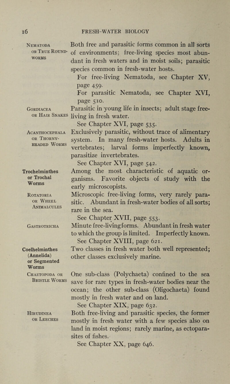 Nematoda or Tkue Round- worms Gordiacea or Hair Snakes Acanthocephala or Thorny- headed Worms Trochelminthes or Trochal Worms Rotatoria or Wheel Animalcules Gastrotricha Coelhelminthes (Annelida) or Segmented Worms Chaetopoda or Bristle Worms Hirudinea or Leeches Both free and parasitic forms common in all sorts of environments; free-living species most abun¬ dant in fresh waters and in moist soils; parasitic species common in fresh-water hosts. For free-living Nematoda, see Chapter XV, page 459- For parasitic Nematoda, see Chapter XVI, page 510. Parasitic in young life in insects; adult stage free- living in fresh water. See Chapter XVI, page 535. Exclusively parasitic, without trace of alimentary system. In many fresh-water hosts. Adults in vertebrates; larval forms imperfectly known, parasitize invertebrates. See Chapter XVI, page 542. Among the most characteristic of aquatic or¬ ganisms. Favorite objects of study with the early microscopists. Microscopic free-living forms, very rarely para¬ sitic. Abundant in fresh-water bodies of all sorts; rare in the sea. See Chapter XVII, page 553. Minute free-living forms. Abundant in fresh water to which the group is limited. Imperfectly known. See Chapter XVIII, page 621. Two classes in fresh water both well represented; other classes exclusively marine. One sub-class (Polychaeta) confined to the sea save for rare types in fresh-water bodies near the ocean; the other sub-class (Oligochaeta) found mostly in fresh water and on land. See Chapter XIX, page 632. Both free-living and parasitic species, the former mostly in fresh water with a few species also on land in moist regions; rarely marine, as ectopara¬ sites of fishes.