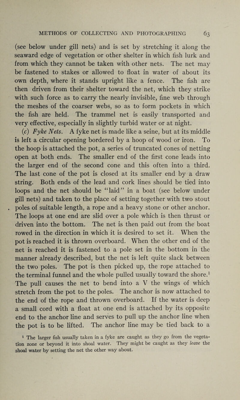 (see below under gill nets) and is set by stretching it along the seaward edge of vegetation or other shelter in which fish lurk and from which they cannot be taken with other nets. The net may be fastened to stakes or allowed to float in water of about its own depth, where it stands upright like a fence. The fish are then driven from their shelter toward the net, which they strike with such force as to carry the nearly invisible, fine web through the meshes of the coarser webs, so as to form pockets in which the fish are held. The trammel net is easily transported and very effective, especially in slightly turbid water or at night. (c) Fyke Nets. A fyke net is made like a seine, but at its middle is left a circular opening bordered by a hoop of wood or iron. To the hoop is attached the pot, a series of truncated cones of netting open at both ends. The smaller end of the first cone leads into the larger end of the second cone and this often into a third. The last cone of the pot is closed at its smaller end by a draw string. Both ends of the lead and cork lines should be tied into loops and the net should be “laid” in a boat (see below under gill nets) and taken to the place of setting together with two stout poles of suitable length, a rope and a heavy stone or other anchor. The loops at one end are slid over a pole which is then thrust or driven into the bottom. The net is then paid out from the boat rowed in the direction in which it is desired to set it. When the pot is reached it is thrown overboard. When the other end of the net is reached it is fastened to a pole set in the bottom in the manner already described, but the net is left quite slack between the two poles. The pot is then picked up, the rope attached to the terminal funnel and the whole pulled usually toward the shore.1 The pull causes the net to bend into a V the wings of which stretch from the pot to the poles. The anchor is now attached to the end of the rope and thrown overboard. If the water is deep a small cord with a float at one end is attached by its opposite end to the anchor line and serves to pull up the anchor line when the pot is to be lifted. The anchor line may be tied back to a 1 The larger fish usually taken in a fyke are caught as they go from the vegeta¬ tion zone or beyond it into shoal water. They might be caught as they leave the shoal water by setting the net the other way about.