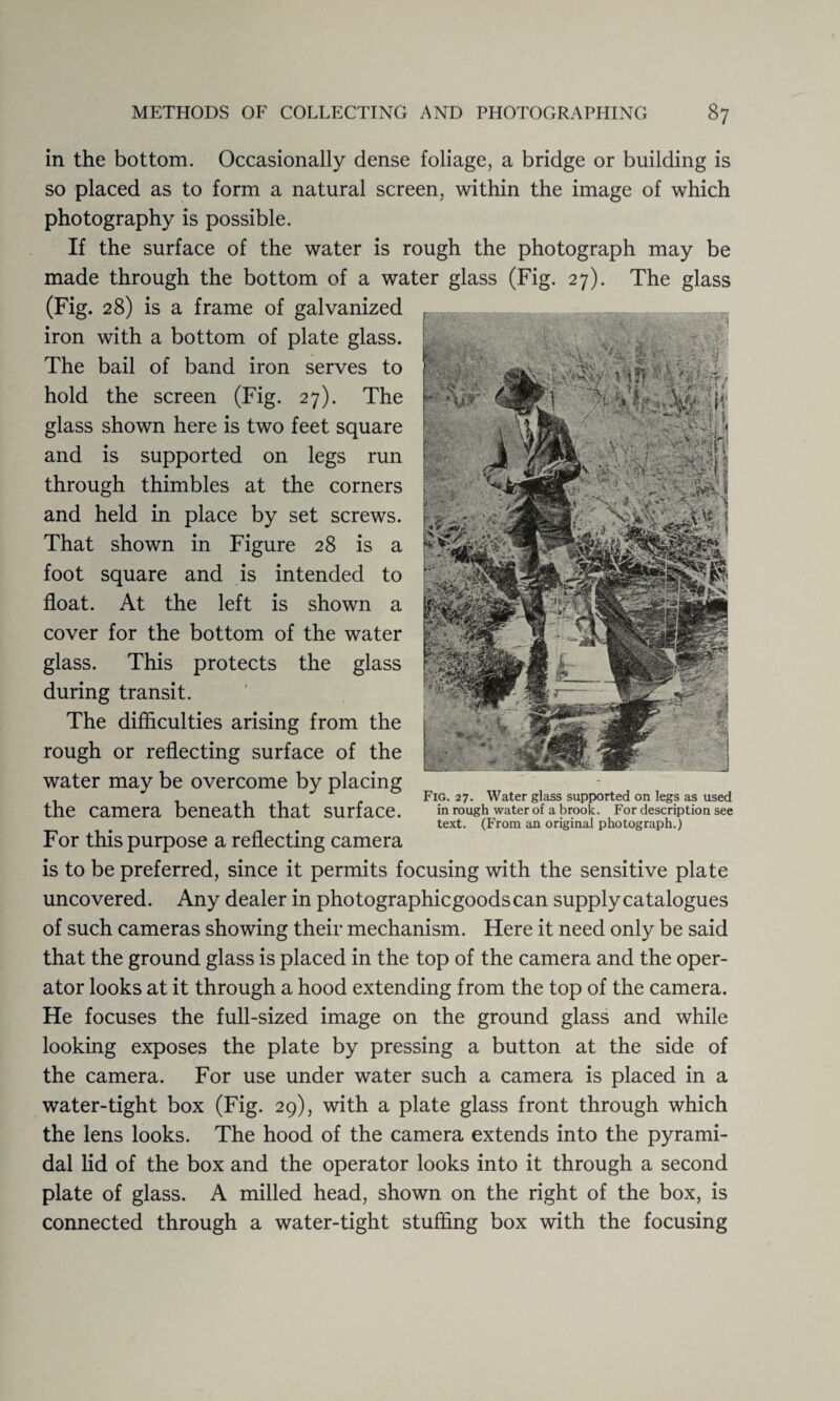 in the bottom. Occasionally dense foliage, a bridge or building is so placed as to form a natural screen, within the image of which photography is possible. If the surface of the water is rough the photograph may be made through the bottom of a water glass (Fig. 27). The glass (Fig. 28) is a frame of galvanized iron with a bottom of plate glass. The bail of band iron serves to hold the screen (Fig. 27). The glass shown here is two feet square and is supported on legs run through thimbles at the corners and held in place by set screws. That shown in Figure 28 is a foot square and is intended to float. At the left is shown a cover for the bottom of the water glass. This protects the glass during transit. The difficulties arising from the rough or reflecting surface of the water may be overcome by placing Fig. 27. Water glass supported on legs as used the camera beneath that surface. in rough water of a brook. For description see text. (From an original photograph.) For this purpose a reflecting camera is to be preferred, since it permits focusing with the sensitive plate uncovered. Any dealer in photographicgoodscan supply catalogues of such cameras showing their mechanism. Here it need only be said that the ground glass is placed in the top of the camera and the oper¬ ator looks at it through a hood extending from the top of the camera. He focuses the full-sized image on the ground glass and while looking exposes the plate by pressing a button at the side of the camera. For use under water such a camera is placed in a water-tight box (Fig. 29), with a plate glass front through which the lens looks. The hood of the camera extends into the pyrami¬ dal lid of the box and the operator looks into it through a second plate of glass. A milled head, shown on the right of the box, is connected through a water-tight stuffing box with the focusing