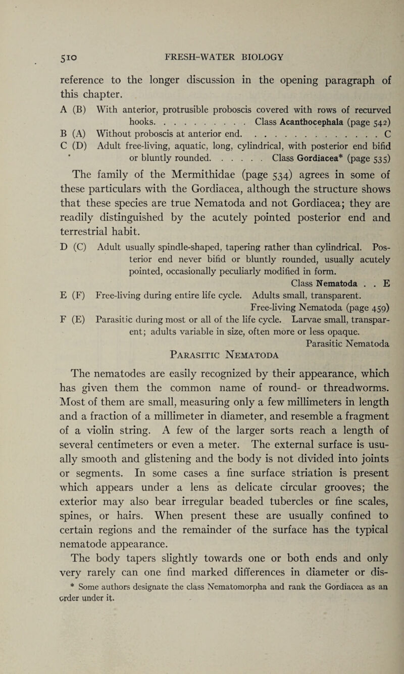 reference to the longer discussion in the opening paragraph of this chapter. A (B) With anterior, protrusible proboscis covered with rows of recurved hooks.Class Acanthocephala (page 542) B (A) Without proboscis at anterior end.C C (D) Adult free-living, aquatic, long, cylindrical, with posterior end bifid or bluntly rounded.Class Gordiacea* (page 535) The family of the Mermithidae (page 534) agrees in some of these particulars with the Gordiacea, although the structure shows that these species are true Nematoda and not Gordiacea; they are readily distinguished by the acutely pointed posterior end and terrestrial habit. D (C) Adult usually spindle-shaped, tapering rather than cylindrical. Pos¬ terior end never bifid or bluntly rounded, usually acutely pointed, occasionally peculiarly modified in form. Class Nematoda . . E E (F) Free-living during entire life cycle. Adults small, transparent. Free-living Nematoda (page 459) F (E) Parasitic during most or all of the life cycle. Larvae small, transpar¬ ent; adults variable in size, often more or less opaque. Parasitic Nematoda Parasitic Nematoda The nematodes are easily recognized by their appearance, which has given them the common name of round- or threadworms. Most of them are small, measuring only a few millimeters in length and a fraction of a millimeter in diameter, and resemble a fragment of a violin string. A few of the larger sorts reach a length of several centimeters or even a meter. The external surface is usu¬ ally smooth and glistening and the body is not divided into joints or segments. In some cases a fine surface striation is present which appears under a lens as delicate circular grooves; the exterior may also bear irregular beaded tubercles or fine scales, spines, or hairs. When present these are usually confined to certain regions and the remainder of the surface has the typical nematode appearance. The body tapers slightly towards one or both ends and only very rarely can one find marked differences in diameter or dis- * Some authors designate the class Nematomorpha and rank the Gordiacea as an order under it.