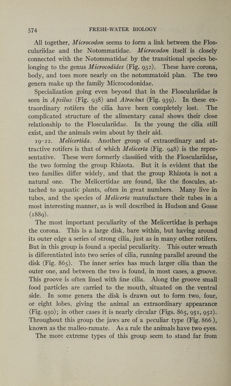 All together, Microcodon seems to form a link between the Flos- culariidae and the Notommatidae. Microcodon itself is closely connected with the Notommatidae by the transitional species be¬ longing to the genus Microcodides (Fig. 932). These have corona, body, and toes more nearly on the notommatoid plan. The two genera make up the family Microcodonidae. Specialization going even beyond that in the Flosculariidae is seen in Apsilus (Fig. 938) and Atrochus (Fig. 939). In these ex¬ traordinary rotifers the cilia have been completely lost. The complicated structure of the alimentary canal shows their close relationship to the Flosculariidae. In the young the cilia still exist, and the animals swim about by their aid. 19-22. Melicertida. Another group of extraordinary and at¬ tractive rotifers is that of which Melicerta (Fig. 948) is the repre¬ sentative. These were formerly classified with the Flosculariidae, the two forming the group Rhizota. But it is evident that the two families differ widely, and that the group Rhizota is not a natural one. The Melicertidae are found, like the floscules, at¬ tached to aquatic plants, often in great numbers. Many live in tubes, and the species of Melicerta manufacture their tubes in a most interesting manner, as is well described in Hudson and Gosse (1889). The most important peculiarity of the Melicertidae is perhaps the corona. This is a large disk, bare within, but having around its outer edge a series of strong cilia, just as in many other rotifers. But in this group is found a special peculiarity. This outer wreath is differentiated into two series of cilia, running parallel around the disk (Fig. 865). The inner series has much larger cilia than the outer one, and between the two is found, in most cases, a groove. This groove is often lined with fine cilia. Along the groove small food particles are carried to the mouth, situated on the ventral side. In some genera the disk is drawn out to form two, four, or eight lobes, giving the animal an extraordinary appearance (Fig. 950); in other cases it is nearly circular (Figs. 865, 951, 952). Throughout this group the jaws are of a peculiar type (Fig. 866), known as the malleo-ramate. As a rule the animals have two eyes. The more extreme types of this group seem to stand far from