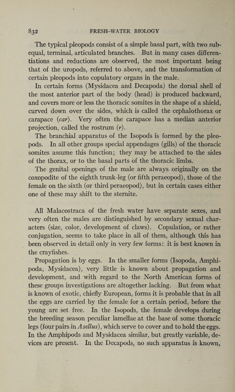 The typical pleopods consist of a simple basal part, with two sub- equal, terminal, articulated branches. But in many cases differen¬ tiations and reductions are observed, the most important being that of the uropods, referred to above, and the transformation of certain pleopods into copulatory organs in the male. In certain forms (Mysidacea and Decapoda) the dorsal shell of the most anterior part of the body (head) is produced backward, and covers more or less the thoracic somites in the shape of a shield, curved down over the sides, which is called the cephalothorax or carapace {car). Very often the carapace has a median anterior projection, called the rostrum (r). The branchial apparatus of the Isopods is formed by the pleo¬ pods. In all other groups special appendages (gills) of the thoracic somites assume this function; they may be attached to the sides of the thorax, or to the basal parts of the thoracic limbs. The genital openings of the male are always originally on the coxopodite of the eighth trunk-leg (or fifth peraeopod), those of the female on the sixth (or third peraeopod), but in certain cases either one of these may shift to the stemite. All Malacostraca of the fresh water have separate sexes, and very often the males are distinguished by secondary sexual char¬ acters (size, color, development of claws). Copulation, or rather conjugation, seems to take place in all of them, although this has been observed in detail only in very few forms: it is best known in the crayfishes. Propagation is by eggs. In the smaller forms (Isopoda, Amphi- poda, Mysidacea), very little is known about propagation and development, and with regard to the North American forms of these groups investigations are altogether lacking. But from what is known of exotic, chiefly European, forms it is probable that in all the eggs are carried by the female for a certain period, before the young are set free. In the Isopods, the female develops during the breeding season peculiar lamellae at the base of some thoracic legs (four pairs in Asellus), which serve to cover and to hold the eggs. In the Amphipods and Mysidacea similar, but greatly variable, de¬ vices are present. In the Decapods, no such apparatus is known,