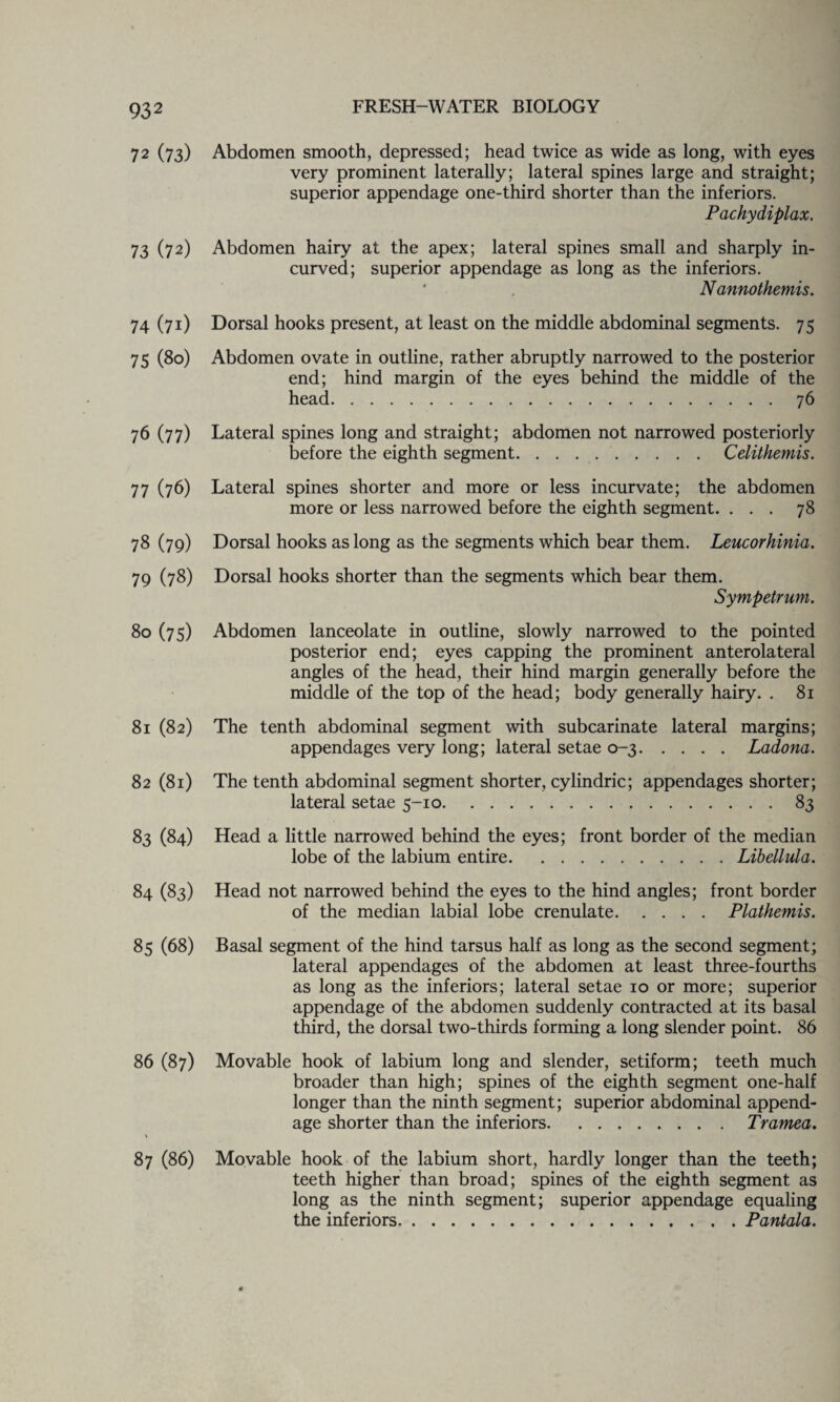 72 (73) FRESH-WATER BIOLOGY Abdomen smooth, depressed; head twice as wide as long, with eyes very prominent laterally; lateral spines large and straight; superior appendage one-third shorter than the inferiors. Pachydiplax. 73 (72) Abdomen hairy at the apex; lateral spines small and sharply in¬ curved; superior appendage as long as the inferiors. * Nannothemis. 74 (71) Dorsal hooks present, at least on the middle abdominal segments. 75 75 (80) Abdomen ovate in outline, rather abruptly narrowed to the posterior end; hind margin of the eyes behind the middle of the head.76 76 (77) Lateral spines long and straight; abdomen not narrowed posteriorly before the eighth segment.Celithemis. 77 (76) Lateral spines shorter and more or less incurvate; the abdomen more or less narrowed before the eighth segment. ... 78 78 (79) Dorsal hooks as long as the segments which bear them. Leucorkinia. 79 (78) Dorsal hooks shorter than the segments which bear them. Sympetrum. 80 (75) Abdomen lanceolate in outline, slowly narrowed to the pointed posterior end; eyes capping the prominent anterolateral angles of the head, their hind margin generally before the middle of the top of the head; body generally hairy. . 81 81 (82) The tenth abdominal segment with subcarinate lateral margins; appendages very long; lateral setae 0-3.Ladona. 82 (81) The tenth abdominal segment shorter, cylindric; appendages shorter; lateral setae 5-10.83 83 (84) Head a little narrowed behind the eyes; front border of the median lobe of the labium entire.Libellula. 84 (83) Head not narrowed behind the eyes to the hind angles; front border of the median labial lobe crenulate.Plathemis. 85 (68) Basal segment of the hind tarsus half as long as the second segment; lateral appendages of the abdomen at least three-fourths as long as the inferiors; lateral setae 10 or more; superior appendage of the abdomen suddenly contracted at its basal third, the dorsal two-thirds forming a long slender point. 86 86 (87) Movable hook of labium long and slender, setiform; teeth much broader than high; spines of the eighth segment one-half longer than the ninth segment; superior abdominal append¬ age shorter than the inferiors.Tramea. \ 87 (86) Movable hook of the labium short, hardly longer than the teeth; teeth higher than broad; spines of the eighth segment as long as the ninth segment; superior appendage equaling the inferiors.Pantala.