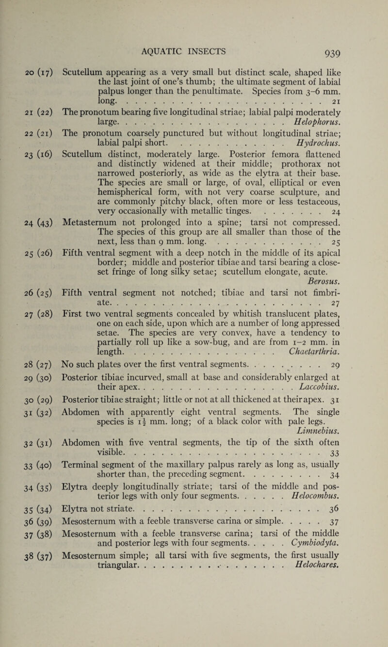 20 (17) 21 (22) 22 (2l) 23 (l6) 24 (43) 25 (26) 26 (25) 27 (28) 28 (27) 29 (30) 30 (29) 31 (32) 32 (3l) 33 (40) 34 (35) 35 (34) 36 (39) 37 (38) 38 (37) Scutellum appearing as a very small but distinct scale, shaped like the last joint of one’s thumb; the ultimate segment of labial palpus longer than the penultimate. Species from 3-6 mm. long.21 The pronotum bearing five longitudinal striae; labial palpi moderately large.Helophorus. The pronotum coarsely punctured but without longitudinal striae; labial palpi short. Hydrochus. Scutellum distinct, moderately large. Posterior femora flattened and distinctly widened at their middle; pro thorax not narrowed posteriorly, as wide as the elytra at their base. The species are small or large, of oval, elliptical or even hemispherical form, with not very coarse sculpture, and are commonly pitchy black, often more or less testaceous, very occasionally with metallic tinges.24 Metasternum not prolonged into a spine; tarsi not compressed. The species of this group are all smaller than those of the next, less than 9 mm. long.25 Fifth ventral segment with a deep notch in the middle of its apical border; middle and posterior tibiae and tarsi bearing a close- set fringe of long silky setae; scutellum elongate, acute. Berosus. Fifth ventral segment not notched; tibiae and tarsi not fimbri¬ ate.27 First two ventral segments concealed by whitish translucent plates, one on each side, upon which are a number of long appressed setae. The species are very convex, have a tendency to partially roll up like a sow-bug, and are from 1-2 mm. in length. Chaetarthria. No such plates over the first ventral segments.29 Posterior tibiae incurved, small at base and considerably enlarged at their apex.Laccobius. Posterior tibiae straight; little or not at all thickened at their apex. 31 Abdomen with apparently eight ventral segments. The single species is i| mm. long; of a black color with pale legs. Limnebius. Abdomen with five ventral segments, the tip of the sixth often visible.33 Terminal segment of the maxillary palpus rarely as long as, usually shorter than, the preceding segment.34 Elytra deeply longitudinally striate; tarsi of the middle and pos¬ terior legs with only four segments.Helocombus. Elytra not striate. 36 Mesosternum with a feeble transverse carina or simple.37 Mesosternum with a feeble transverse carina; tarsi of the middle and posterior legs with four segments.Cymbiodyta. Mesosternum simple; all tarsi with five segments, the first usually triangular.. . ..Helochares.