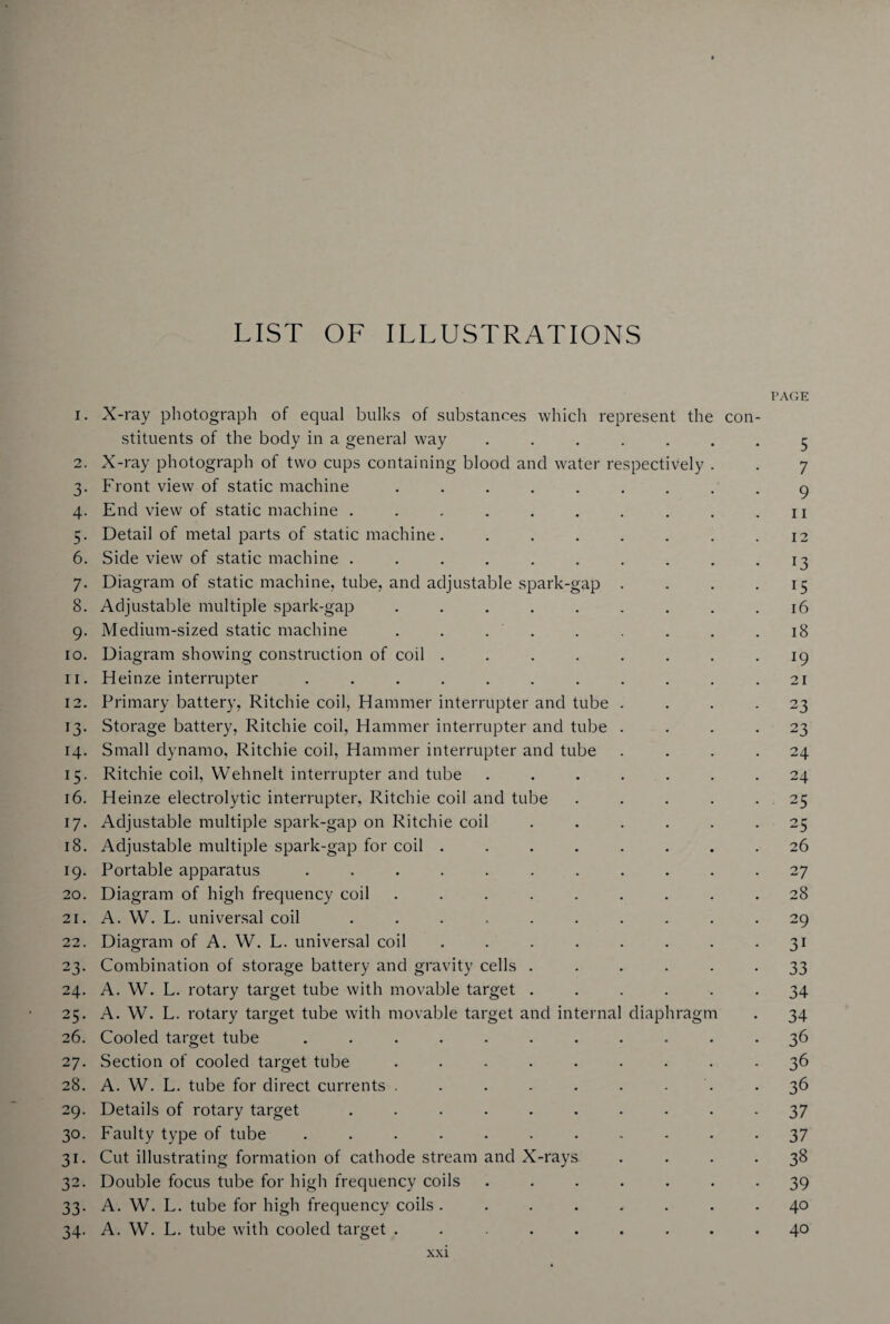 LIST OF ILLUSTRATIONS PAGE 1. X-ray photograph of equal bulks of substances which represent the con¬ stituents of the body in a general way ....... 5 2. X-ray photograph of two cups containing bloocl and water respectively . . 7 3. Front view of static machine ......... 9 4. End view of static machine . . . . . . . . . .11 5. Detail of metal parts of static machine. ....... 12 6. Side view of static machine .......... 13 7. Diagram of static machine, tube, and adjustable spark-gap . . . 15 8. Adjustable multiple spark-gap . . . . . . . . .16 9. Medium-sized static machine . . . . . . . .18 10. Diagram showing construction of coil ........ 19 11. Heinze interrupter ........... 21 12. Primary battery, Ritchie coil, Hammer interrupter and tube .... 23 13. Storage battery, Ritchie coil, Hammer interrupter and tube .... 23 14. Small dynamo, Ritchie coil, Hammer interrupter and tube .... 24 15. Ritchie coil, Wehnelt interrupter and tube ....... 24 16. Heinze electrolytic interrupter, Ritchie coil and tube . . . . . 25 17. Adjustable multiple spark-gap on Ritchie coil ...... 25 18. Adjustable multiple spark-gap for coil ........ 26 19. Portable apparatus ........... 27 20. Diagram of high frequency coil ......... 28 21. A. W. L. universal coil .......... 29 22. Diagram of A. W. L. universal coil . . . . . . . 31 23. Combination of storage battery and gravity cells . . . . 33 24. A. W. L. rotary target tube with movable target ...... 34 25. A. W. L. rotary target tube with movable target and internal diaphragm . 34 26. Cooled target tube ........... 36 27. Section of cooled target tube ......... 36 28. A. W. L. tube for direct currents . . . - . . . .36 29. Details of rotary target .......... 37 30. Faulty type of tube ........... 37 31. Cut illustrating formation of cathode stream and X-rays .... 38 32. Double focus tube for high frequency coils ....... 39 33. A. W. L. tube for high frequency coils ........ 40 34. A. W. L. tube with cooled target ......... 40