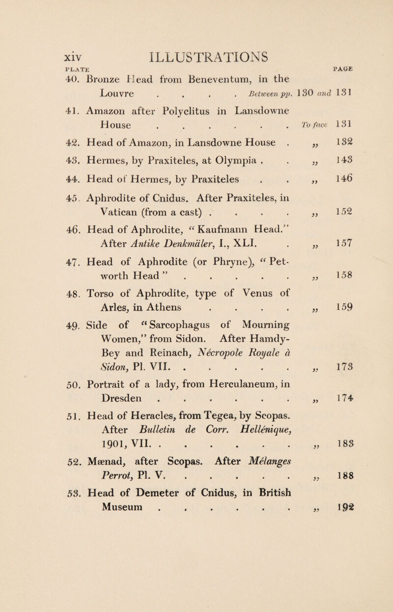 PAGE PLATE 40. Bronze Plead from Beneventum, in the Louvre .... Between pp. 130 and 131 41. Amazon after Polyclitus in Lansdowne House ...... 42. Head of Amazon., in Lansdowne House . 43. Hermes, by Praxiteles, at Olympia . 44. Head of Hermes, by Praxiteles 45. Aphrodite of Cnidus. After Praxiteles, in Vatican (from a cast) .... 46. Head of Aphrodite, “ Kaufmann Head/ ’ After Antike Denkmaler, L, XLI. 47. Head of Aphrodite (or Phryne), “ Pet- worth Head ” 48. Torso of Aphrodite, type of Venus of Arles, in Athens .... 49. Side of a Sarcophagus of Mourning Women,” from Sidon. After Hamdy- Bey and Reinach, Necro'pole Roy ale a Sidon, PI. VII. . 50. Portrait of a lady, from Herculaneum, in Dresden ...... To face )) }> >} 131 132 143 146 }> 152 )> 157 )> 158 >} 159 173 174 51. Head of Heracles, from Tegea, by Scopas. After Bulletin de Corr. Hellenique, 1901, VII.. 183 52. Maenad, after Scopas. After Melanges Perrot, PI. V. . . . . . ,, 188 53. Head of Demeter of Cnidus, in British Museum . . . . . . „ 192