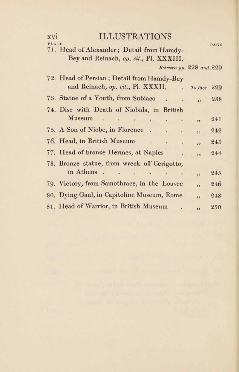 PAGE PLATE 71. Head of Alexander; Detail from Hamdy- Bey and Reinach, op. cit., PI. XXXIII. Between pp. 228 and 229 72. Head of Persian ; Detail from Hamdy-Bey and Reinach, op. cit., PI. XXXII. 73. Statue of a Youth, from Subiaco 74. Disc with Death of Niobids, in British Museum ...... 75. A Son of Niobe, in Florence . 76. Head, in British Museum 77. Head of bronze Hermes, at Naples 78. Bronze statue, from wreck off Cerigotto, in Athens ...... 79- Victory, from Samothrace, in the Louvre 80. Dying Gaul, in Capitoline Museum, Rome 81. Head of Warrior, in British Museum To face a 229 238 i) a a 241 242 243 244 a )> 245 246 248 250