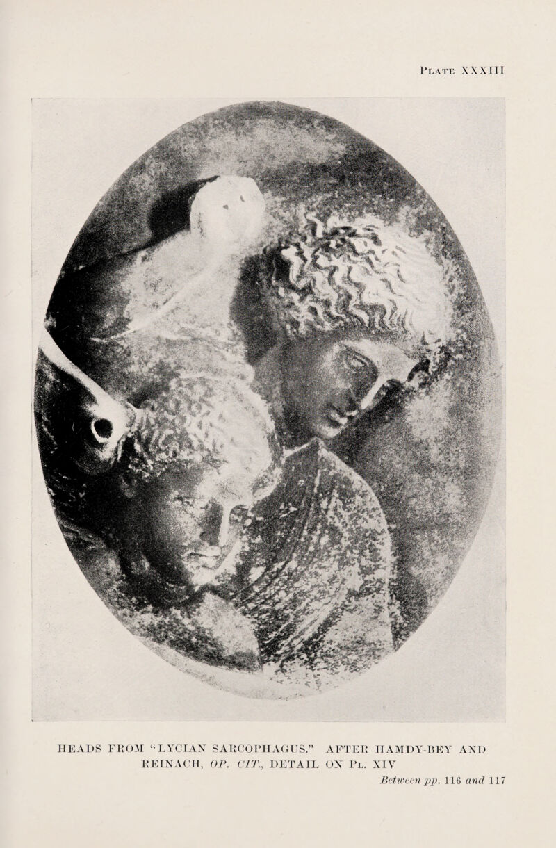 HEADS FROM “ LYCIAN SARCOPHAGUS.” REINACII, OP. C1T., DETAIL AFTER HAMDY-BEY AND ON Pl. XIV Between pp. 116 and 117