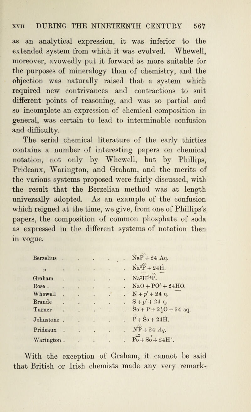 as an analytical expression, it was inferior to the extended system from which it was evolved. Whewell, moreover, avowedly put it forward as more suitable for the purposes of mineralogy than of chemistry, and the objection was naturally raised that a system which required new contrivances and contractions to suit different points of reasoning, and was so partial and so incomplete an expression of chemical composition in general, was certain to lead to interminable confusion and difficulty. The serial chemical literature of the early thirties contains a number of interesting papers on chemical notation, not only by Whewell, but by Phillips, Prideaux, Warington, and Graham, and the merits of the various systems proposed were fairly discussed, with the result that the Berzelian method was at length universally adopted. As an example of the confusion which reigned at the time, we give, from one of Phillips’s papers, the composition of common phosphate of soda as expressed in the different systems of notation then in vogue. Berzelius . jj Graham Rose . Whewell . Brande Turner Johnstone . Prideaux Warington . NaP + 24 Aq. Na2P + 24H. Na2H24P. NaO + PO5 + 24HO. N + p' + 24 q. S + p + 2 4 q. So + P + 2-IO + 24 aq. P + So + 24H. AT+ 24 Aq. PcT+ So° + 24H°. With the exception of Graham, it cannot be said that British or Irish chemists made any very remark-