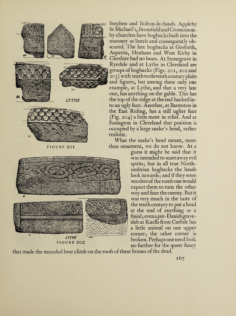 Stephen and Bolton-le-Sands. Appleby St Michael’s, Bromfield and Crosscanon- by churches have hogbacks built into the masonry as lintels and consequently ob¬ scured. The late hogbacks at Gosforth, Aspatria, Hexham and West Kirby in Cheshire had no bears. At Stonegrave in Ryedale and at Lythe in Cleveland are groups of hogbacks (Figs. 201, 202 and 203) with tenth to eleventh century plaits and figures, but among these only one example, at Lythe, and that a very late one, has anything on the gable. This has the top of the ridge at the end hacked in¬ to an ugly face. Another, at Barmston in the East Riding, has a still uglier face (Fig. 204) a little more in relief. And at Easington in Cleveland that position is occupied by a large snake’s head, rather realistic. What the snake’s head meant, more guess it might be said that it was intended to scareaway evil spirits; but in all true North¬ umbrian hogbacks the heads look inwards; and if they were warders of the tomb one would expect them to turn the other way and face the enemy. But it was very much in the taste of the tenth century to put a head at the end of anything as a finial; even a pre-Danish grave- slab at Knells from Carlisle has a little animal on one upper the other 7;.V_lv--£>u * •• corner: corner is LYTHE FIGURE 202 broken. Perhaps one need look no further for the queer fancy that made the muzzled bear climb on the roofs of these houses of the dead.
