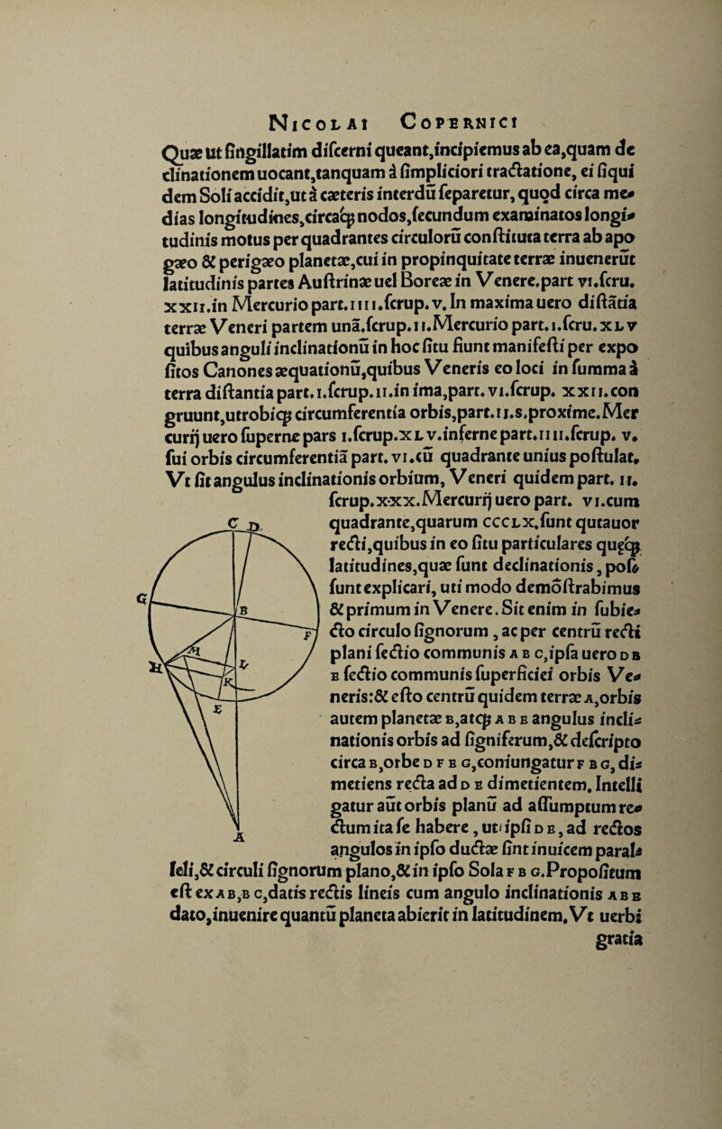 Qux ut fingillatim difcerni queant,incipiemus ab ea,quam dc dinationemuocant,tanquam i fimpliciori tradatione, ei fiqui dem SoliacciditjUt i exteris interdu feparetur, quod circa me# dias longitudmes,circa%nodos,fecundum examinatos longi# tudinis motus per quadrantes circuloru conftituta terra ab apo gseo 6C perigxo planetae,cui in propinquitateterrae inuenerut latitudinis partes Auftrinaeuel Boreae in Venere.part vi.fcru, xxn.in Mercurio part.im.fcrup.v. In maximauero diftatia terrae Veneri partem una.fcrup.n. Mercurio part.i.fcru.xL v quibus anguli inclinadonu in hoc fitu fiunt manifefti per expo fitos Canones aequationu,quibus Veneris eo loci infummai terra diflantia part. i.fcrup. n .in ima,part. vi.fcrup. x x 11, con gruunt,utrobic£ circumferentia orbis,part.i j.s.proxtme.Mer curi)uerolupernepars i.fcrup.XLV.infernepart.nn.fcrup. v, fui orbis circumferentia part. vi.cu quadrante unius poftulat, Vt fit angulus inclinationis orbium, Veneri quidem part. i i. ferup.xxx.Mercuri) uero part. vi.cum quadrante,quarum cccLX.funt qutauor redi,quibus in eo fitu particulares qu^cp latitudines,quae funt declinationis, pof* funt explicari, uti modo demoftrabimus & primum in Venere. Sit enim in fubie# do drculo fignorum , ac per centru redi plani fedio communis a b c,ipfa uero d b b fedio communis fuperficiei orbis Ve# neris:& efto centru quidem terrae a,orbis autem planetae B,atqj a b e angulus indi# nationis orbis ad figniferum,&defcripto circaB,orbedfe G,coniungatur f bg,di* metiens reda ad d e dimetientem, Intelli gatur aut orbis planu ad aftumptumre* dum ita fe habere , ut; ipfi d e , ad redos angulos in ipfo dudae fint inuicem parab feli,& circuli fignorum plano,& in ipfo Sola f b G.Propofitum efi: ex a b,bc,datis redis lineis cum angulo inclinationis abb dato,inuenire quantu planeta abierit in latitudinem, Vt uerbi gratia