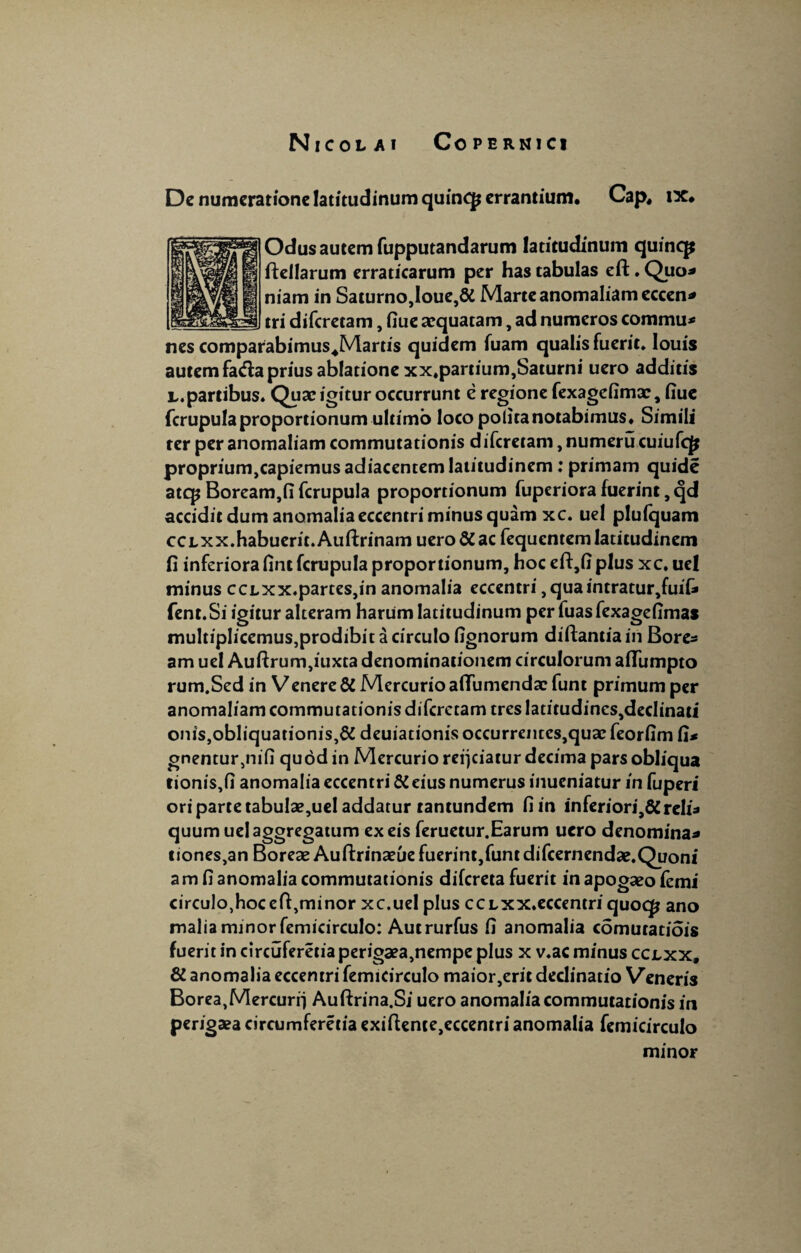 De numeratione latitudinum quinq* errantium. Cap, ix* Odus autem fupputandarum latitudinum quinep ftellarum erraticarum per has tabulas eft. Quo* niam in Saturno,Ioue,& Marte anomaliam eccen* tri diferetam, fiue aequatam, ad numeros commu< nes comparabimus JVlartis quidem fuam qualis fuerit» louis autem fad:a prius ablatione xx*partium,Saturni uero additis l.partibus. Quae igitur occurrunt e regione fexagefimae, fiuc fcrupula proportionum ultimo loco polita notabimus* Simili ter per anomaliam commutationis diferetam, numeru cuiufcp proprium,capiemusadiacentemlatitudinem: primam quide atq? Boream,fi fcrupula proportionum fuperiora fuerint, qd acciditdumanomaliaeccentriminusquam xc. uel plufquam cclxx. habuerit. Auftrinam uero Si ac fequentem latitudinem fi inferiora fint fcrupula proportionum, hoc eft,fi plus xc. uel minus ccLXx.partes,in anomalia eccentri, qua intratur,fuif* fent.Si igitur alteram harUm latitudinum perfuasfexagefimas multipIicemus,prodibit a circulo fignorum di liantia in Bore* am uel Auftrum,iuxta denominationem circulorum aflumpto rum.Sed in Venere Si Mercurio afTumendae funt primum per anomaliam commutationis diferetam tres latitudines,declinati onis,obliquationis,Si deuiationis occurrentcs,quae feorfim fi* gnentur,nifi quod in Mercurio reijciatur decima pars obliqua tionis,fi anomalia eccentri Si eius numerus inueniatur in fuperi ori parte tabulae,uel addatur tantundem fi in inferiori,&re!i* quum uel aggregatum ex eis feruetur.Earum uero denomina* tiones,an Boreae Auftrinaeue fuerint,funt difcernendae.Quoni am fi anomalia commutationis difereta fuerit in apogaeo femi circulo,hocefl,minor xc.uel plus ccLXX.eccentri quoc£ ano malia minor femicirculo: Autrurfus fi anomalia comutatiois fuerit in circuferetia perigaea,nempe plus x v.ac minus cclxx, 61 anomalia eccentri femicirculo maior,erit declinatio Veneris Borea,Mercurii Auftrina.Si uero anomalia commutationis in perigaea circumferetia exifiente,eccentri anomalia femicirculo minor