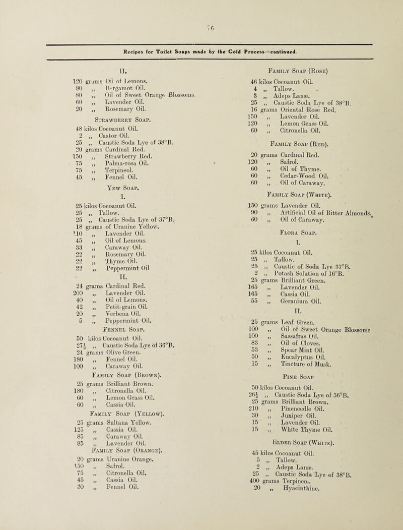 Recipes for Toilet Soaps made by the Cold Process—continued. 11. 120 grams Oii of Lemons. 80 „ B-Tgamot Oil. 80 „ Oil of Sweet Orange Blossoms. 60 „ Lavender Oil. 20 „ Bosemary Oil. Strawberry Soap. 48 kilos Cocoanut Oil. 2 „ Castor Oil. 25 „ Caustic Soda Lye of 38°B. 20 grams Cardinal Red. 150 „ Strawberry Red. 75 „ Palma-rosa Oil. 75 „ Terpineoi. 45 „ Fennel Oil. Yew Soap. I. 25 kilos Cocoanut Oil. 25 „ Tallow. 25 ,, Caustic Soda Lye of 37°B. 18 grams of Uranine Yellow. 110 77 Lavender Oil. 45 79 Oil of Lemons. 33 77 Caraway Oil. 22 79 Rosemary Oil. 22 77 Thyme Oil. 22 97 Peppermint Oil II. 24 grams Cardinal Red. 200 77 Lavender Oil. 40 77 Oil of Lemons. 42 77 Petit-grain Oil. 20 77 Verbena Oil. 5 79 Peppermint Oil. Fennel Soap. 50 kilos Cocoanut Oil. 274 ,, Caustic Soda Lve of 36' 24“ grams Olive Green. 180 79 Fennel Oil. 100 77 Caraway Oil. Family Soap (Brown). 25 grams Brilliant Brown. 180 7 7 Citronella Oil. 60 77 Lemon Grass Oil. 60 77 Cassia Oil. Family Soap (Yellow). 25 grams Sultana Yellow. 125 77 Cassia Oil. 85 77 Caraway Oil. 85 77 Lavender Oil. Family Soap (Orange). 20 grams Uranine Orange. 150 77 Safrol. 75 77 Citronella Oil. 45 77 Cassia Oil. 30 77 Fennel Oil. Family Soap (Rose) 46 kilos Cocoanut Oil. 4 „ Tallow. 3 „ Adeps Lanse. 25 „ Caustic Soda Lye of 38°B. 16 grams Oriental Rose Red. 150 „ Lavender Oil. 120 „ Lemon Grass Oil. 60 ,, Citronella Oil. Family Soap (Red). 20 grams Cardinal Red. 120 „ Safrol. 60 ,, Oil of Thyme. 60 „ Cedar-Wood Oil-. 60 ,, Oil of Caraway. Family Soap (White). 150 grams Lavender Oil. 90 „ Artificial Oil of Bitter Almonds. 60 „ Oil of Caraway. Flora Soap. I. 25 kilos Cocoanut Oil. 25 „ Tallow. 25 „ Caustic of Soda Lye 37°B. 2 „ Potash Solution of 16°B. 25 grams Brilliant Green. 165 77 Lavender Oil. 165 77 Cassia Oil. 55 77 Geranium Oil. II. 25 grains Leaf Green. 100 77 Oil of Sweet Orange Blossoms 100 7 7 Sassafras Oil. 83 7 7 Oil of Cloves. 53 77 Spear Mint Oil. 50 77 Eucalyptus Oil. 15 77 Tincture of Musk. Pine Soap 50 kilos Cocoanut Oil. 26| „ Caustic Soda Lye of 36°B. 25 grams Brilliant Brown. 210 „ Pineneedle Oil. 30 „ Juniper Oil. 15 „ Lavender Oil. 15 „ White Thyme Oil. Elder Soap (White). 45 kilos Cocoanut Oil. 5 „ Tallow. 2 „ Adeps Lanse. 25 „ Caustic Soda Lye of 38°B. 400 grams Terpineoi. 20 „ Hyacinthine.