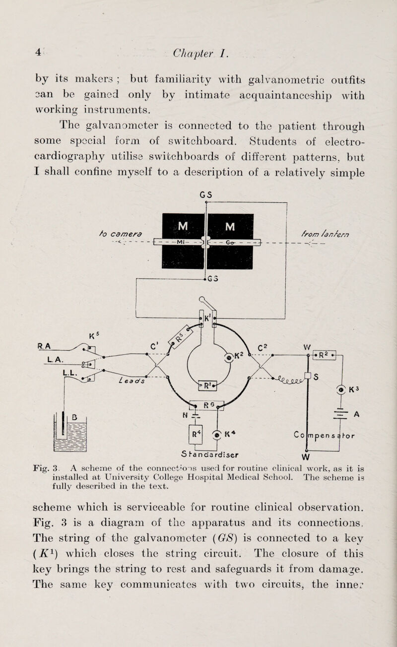 by its makers ; but familiarity with galvanometric outfits ean be gained only by intimate acquaintanceship with working instruments. The galvanometer is connected to the patient through some special form of switchboard. Students of electro¬ cardiography utilise switchboards of different patterns, but I shall confine myself to a description of a relatively simple GS Ci— Fig. 3. A scheme of the connections used for routine clinical work, as it is installed at University College Hospital Medical School. The scheme is fully described in the text. scheme which is serviceable for routine clinical observation. Fig. 3 is a diagram of the apparatus and its connections. The string of the galvanometer (GS) is connected to a key (K1) which closes the string circuit. The closure of this key brings the string to rest and safeguards it from damage. The same key communicates with two circuits, the inner