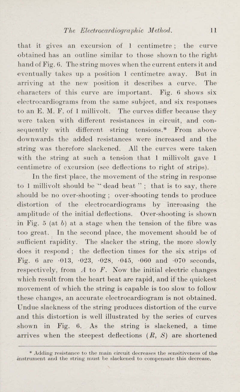 that it gives an excursion of 1 centimetre ; the curve obtained has an outline similar to those shown to the right hand of Fig. 6. The string moves when the current enters it and •eventually takes up a position 1 centimetre away. But in arriving at the new position it describes a curve. The characters of this curve are important. Fig. 6 shows six electrocardiograms from the same subject, and six responses to an E. M. F. of 1 millivolt. The curves differ because they were taken with different resistances in circuit, and con¬ sequently with different string tensions.* From above downwards the added resistances were increased and the string was therefore slackened. All the curves were taken with the string at such a tension that 1 millivolt gave 1 centimetre of excursion (see deflections to right of strips). In the first place, the movement of the string in response to 1 millivolt should be dead beat ” ; that is to say, there should be no over-shooting ; over-shooting tends to produce distortion of the electrocardiograms by increasing the amplitude of the initial deflections. Over-shooting is shown in Fig. 5 (at &) at a stage when the tension of the fibre was too great. In the second place, the movement should be of sufficient rapidity. The slacker the string, the more slowly does it respond ; the deflection times for the six strips of Fig. 6 are -013, -023, -028, 045, 060 and -070 seconds, respectively, from A to F. Now the initial electric changes which result from the heart beat are rapid, and if the quickest movement of which the string is capable is too slow to follow these changes, an accurate electrocardiogram is not obtained. Undue slackness of the string produces distortion of the curve .and this distortion is well illustrated by the series of curves shown in Fig. 6. As the string is slackened, a time arrives when the steepest deflections (R, S) are shortened * Adding resistance to the main circuit decreases the sensitiveness of tho instrument and the string must be slackened to compensate this decrease.