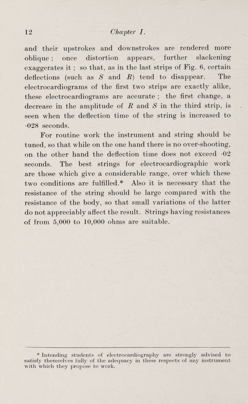 and their upstrokes and downstrokes are rendered more oblique ; once distortion appears, further slackening exaggerates it ; so that, as in the last strips of Fig. 6, certain deflections (such as S and R) tend to disappear. The electrocardiograms of the first two strips are exactly alike, these electrocardiograms are accurate ; the first change, a decrease in the amplitude of R and S in the third strip, is seen when the deflection time of the string is increased to •028 seconds. For routine work the instrument and string should bo tuned, so that while on the one hand there is no over-shooting, on the other hand the deflection time does not exceed -02 seconds. The best strings for electrocardiographic work are those which give a considerable range, over which these two conditions are fulfilled.* Also it is necessary that the resistance of the string should be large compared with the resistance of the body, so that small variations of the latter do not appreciably affect the result. Strings having resistances of from 5,000 to 10,000 ohms are suitable. * Intending students of electrocardiography are strongly advised to* satisfy themselves fully of the adequacy in these respects of any instrument with which they propose to work.