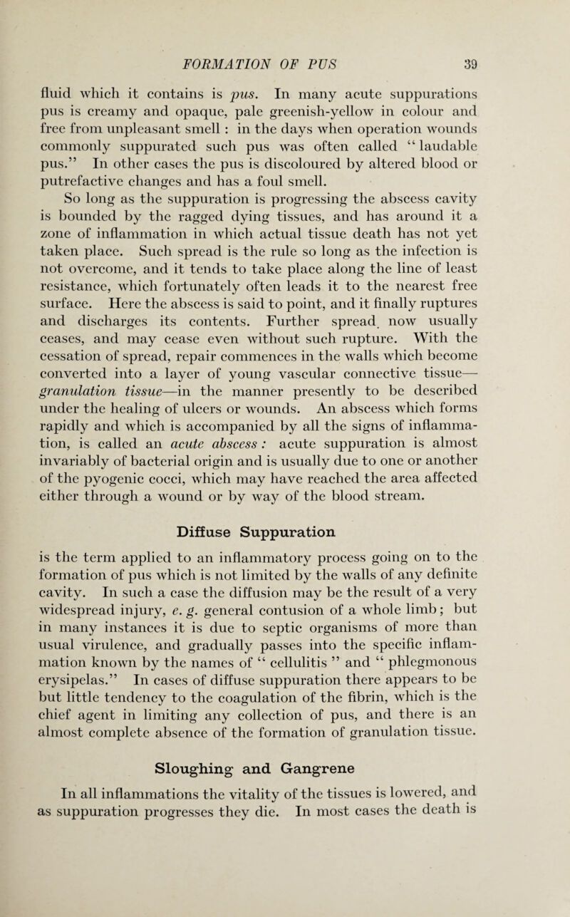 fluid which it contains is pus. In many acute suppurations pus is creamy and opaque, pale greenish-yellow in colour and free from unpleasant smell : in the days when operation wounds commonly suppurated such pus was often called “ laudable pus.” In other cases the pus is discoloured by altered blood or putrefactive changes and has a foul smell. So long as the suppuration is progressing the abscess cavity is bounded by the ragged dying tissues, and has around it a zone of inflammation in which actual tissue death has not yet taken place. Such spread is the rule so long as the infection is not overcome, and it tends to take place along the line of least resistance, which fortunately often leads it to the nearest free surface. Here the abscess is said to point, and it finally ruptures and discharges its contents. Further spread, now usually ceases, and may cease even without such rupture. With the cessation of spread, repair commences in the walls which become converted into a layer of young vascular connective tissue— granulation tissue—in the manner presently to be described under the healing of ulcers or wounds. An abscess which forms rapidly and which is accompanied by all the signs of inflamma¬ tion, is called an acute abscess : acute suppuration is almost invariably of bacterial origin and is usually due to one or another of the pyogenic cocci, which may have reached the area affected either through a wound or by way of the blood stream. Diffuse Suppuration is the term applied to an inflammatory process going on to the formation of pus which is not limited by the walls of any definite cavity. In such a case the diffusion may be the result of a very widespread injury, e. g. general contusion of a whole limb; but in many instances it is due to septic organisms of more than usual virulence, and gradually passes into the specific inflam¬ mation known by the names of “ cellulitis ” and “ phlegmonous erysipelas.” In cases of diffuse suppuration there appears to be but little tendency to the coagulation of the fibrin, which is the chief agent in limiting any collection of pus, and there is an almost complete absence of the formation of granulation tissue. Sloughing and Gangrene In all inflammations the vitality of the tissues is lowered, and as suppuration progresses they die. In most cases the death is