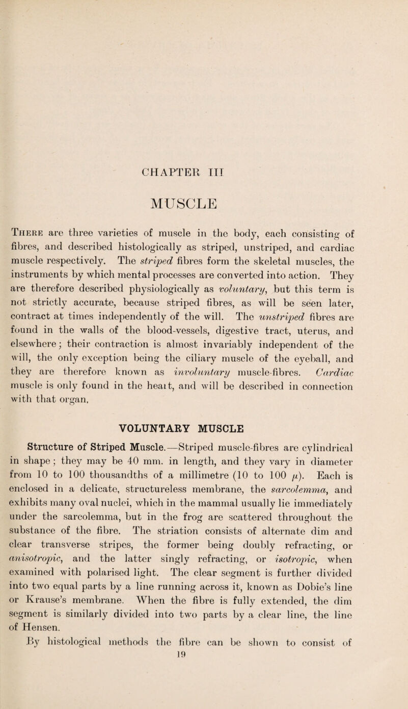 CHAPTER III MUSCLE There are three varieties of muscle in the body, each consisting of fibres, and described histologically as striped, unstriped, and cardiac muscle respectively. The striped fibres form the skeletal muscles, the instruments by which mental processes are converted into action. They are therefore described physiologically as voluntary, but this term is not strictly accurate, because striped fibres, as will be seen later, contract at times independently of the will. The unstriped fibres are found in the walls of the blood-vessels, digestive tract, uterus, and elsewhere; their contraction is almost invariably independent of the will, the only exception being the ciliary muscle of the eyeball, and they are therefore known as involuntary muscle-fibres. Cardiac muscle is only found in the heait, and will be described in connection with that organ. VOLUNTARY MUSCLE Structure of Striped Muscle.—Striped muscle-fibres are cylindrical in shape ; they may be 40 mm. in length, and they vary in diameter from 10 to 100 thousandths of a millimetre (10 to 100 y). Each is enclosed in a delicate, structureless membrane, the sarcolemma, and exhibits many oval nuclei, which in the mammal usually lie immediately under the sarcolemma, but in the frog are scattered throughout the substance of the fibre. The striation consists of alternate dim and clear transverse stripes, the former being doubly refracting, or anisotropic, and the latter singly refracting, or isotropic, when examined with polarised light. The clear segment is further divided into two equal parts by a line running across it, known as Dobie’s line or Krause’s membrane. When the fibre is fully extended, the dim segment is similarly divided into two parts by a clear line, the line of Hensen. By histological methods the fibre can be shown to consist of ]9