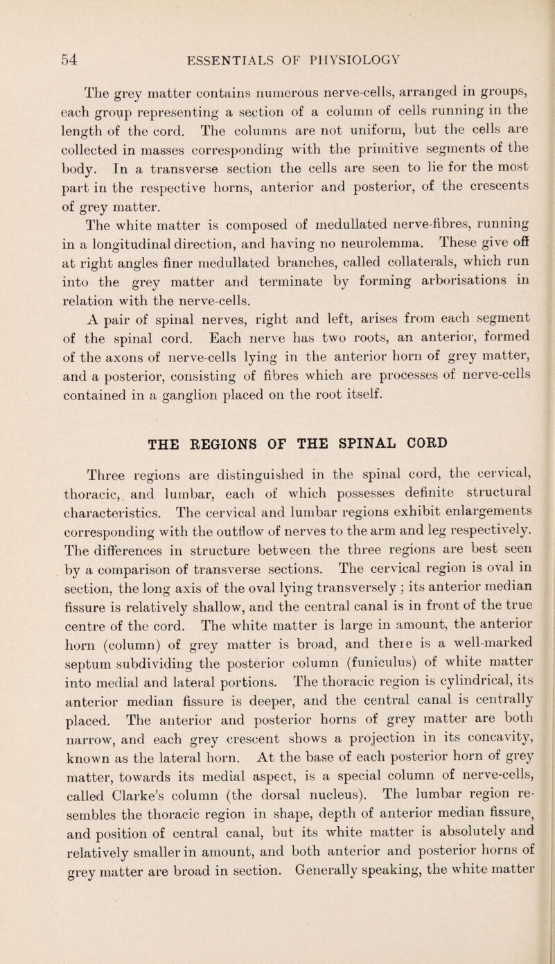 The grey matter contains numerous nerve-cells, arranged in groups, each group representing a section of a column of cells running in the length of the cord. The columns are not uniform, but the cells are collected in masses corresponding with the primitive segments of the body. In a transverse section the cells are seen to lie for the most part in the respective horns, anterior and posterior, of the crescents of grey matter. The white matter is composed of medullated nerve-fibres, running in a longitudinal direction, and having no neurolemma. These give off at right angles finer medullated branches, called collaterals, which run into the grey matter and terminate by forming arborisations in relation with the nerve-cells. A pair of spinal nerves, right and left, arises from each segment of the spinal cord. Each nerve has two roots, an anterior, formed of the axons of nerve-cells lying in the anterior horn of grey matter, and a posterior, consisting of fibres which are processes of nerve-cells contained in a ganglion placed on the root itself. THE REGIONS OF THE SPINAL CORD Three regions are distinguished in the spinal cord, the cervical, thoracic,, and lumbar, each of which possesses definite structural characteristics. The cervical and lumbar regions exhibit enlargements corresponding with the outflow of nerves to the arm and leg respectively. The differences in structure between the three regions are best seen by a comparison of transverse sections. The cervical region is oval in section, the long axis of the oval lying transversely ; its anterior median fissure is relatively shallow, and the central canal is in front of the true centre of the cord. The white matter is large in amount, the anterior horn (column) of grey matter is broad, and there is a well-marked septum subdividing the posterior column (funiculus) of white matter into medial and lateral portions. The thoracic region is cylindrical, its anterior median fissure is deeper, and the central canal is centrally placed. The anterior and posterior horns of grey matter are both narrow, and each grey crescent shows a projection in its concavity, known as the lateral horn. At the base of each posterior horn of grey matter, towards its medial aspect, is a special column of nerve-cells, called Clarke’s column (the dorsal nucleus). The lumbar region re¬ sembles the thoracic region in shape, depth of anterior median fissure^ and position of central canal, but its white matter is absolutely and relatively smaller in amount, and both anterior and posterior horns of grey matter are broad in section. Generally speaking, the white matter