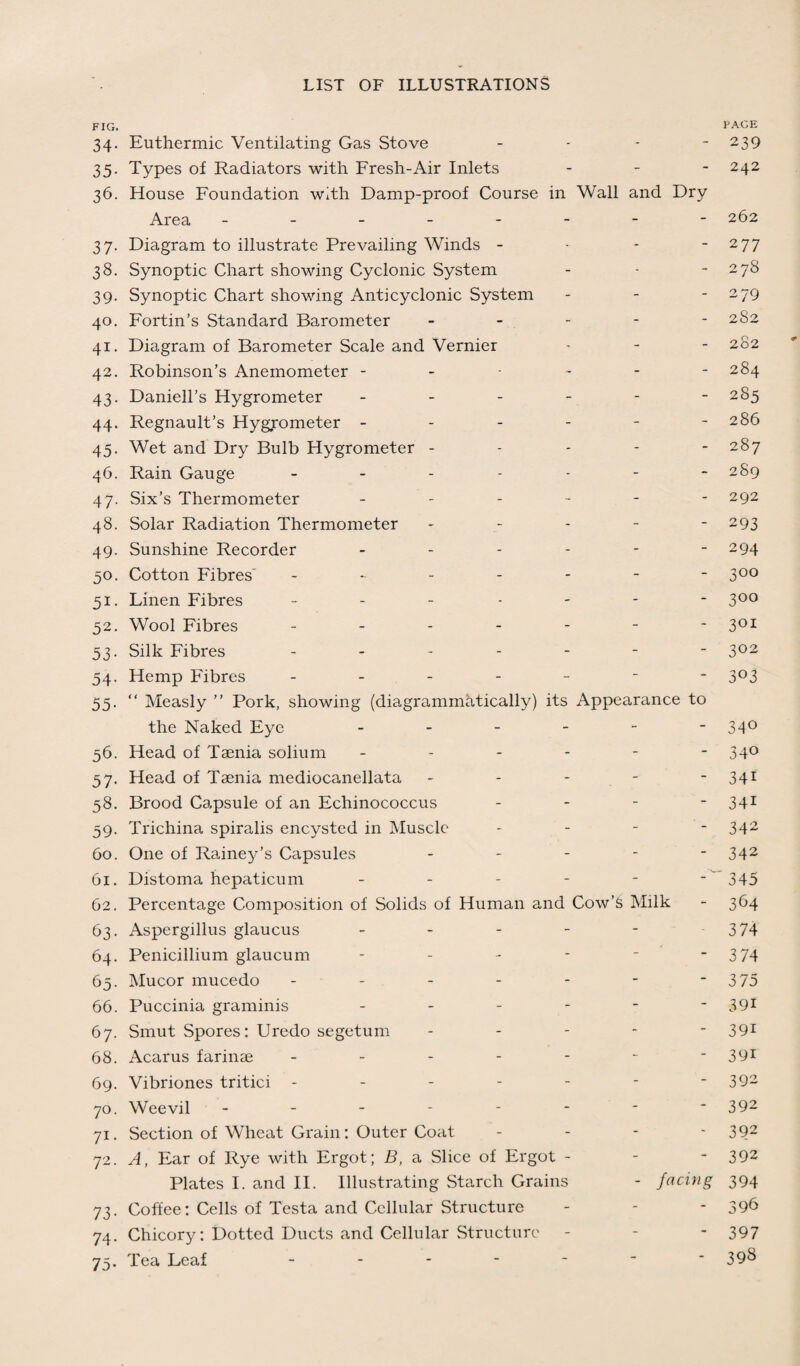 FIG. 34. Euthermic Ventilating Gas Stove - 35. Types of Radiators with Fresh-Air Inlets - 36. House Foundation with Damp-proof Course in Wall and Dry Area -------- 37. Diagram to illustrate Prevailing Winds - 38. Synoptic Chart showing Cyclonic System 39. Synoptic Chart showing Anti cyclonic System - 40. Fortin’s Standard Barometer - - 41. Diagram of Barometer Scale and Vernier 42. Robinson’s Anemometer ------ 43. Daniell’s Hygrometer ------ 44. Regnault’s Hygrometer ------ 45. Wet and Dry Bulb Hygrometer - 46. Rain Gauge ------- 47. Six’s Thermometer ------ 48. Solar Radiation Thermometer - 49. Sunshine Recorder ------ 50. Cotton Fibres' ------- 51. Linen Fibres ------- 52. Wool Fibres ------- 53. Silk Fibres ------- 54. Hemp Fibres ------- 55. “ Measly ” Pork, showing (diagrammatically) its Appearance to the Naked Eye ------ 56. Head of Taenia solium ------ 57. Head of Taenia mediocanellata - 58. Brood Capsule of an Echinococcus - 59. Trichina spiralis encysted in Muscle - 60. One of Rainey’s Capsules - 61. Distoma hepaticum 62. Percentage Composition of Solids of Human and Cow’S Milk 63. Aspergillus glaucus - - - - - 64. Penicillium glaucum ------ 65. Mucor mucedo ------- 66. Puccinia graminis ------ 67. Smut Spores: Uredo segetum - 68. Acarus farinae ------- 69. Vibriones tritici ------- 70. Weevil - - - - - - 71. Section of Wheat Grain: Outer Coat - 72. A, Ear of Rye with Ergot; B, a Slice of Ergot - Plates I. and II. Illustrating Starch Grains - facing 73. Coffee: Cells of Testa and Cellular Structure 74. Chicory: Dotted Ducts and Cellular Structure 75. Tea Leaf ------ PACE 239 242 262 277 278 2 79 282 282 284 285 286 287 289 292 293 294 30° 3°° 3°i 302 3°3 34° 34° 34i 341 342 342 345 364 3 74 374 3 75 391 39i 391 392 392 392 392 394 396 397 398
