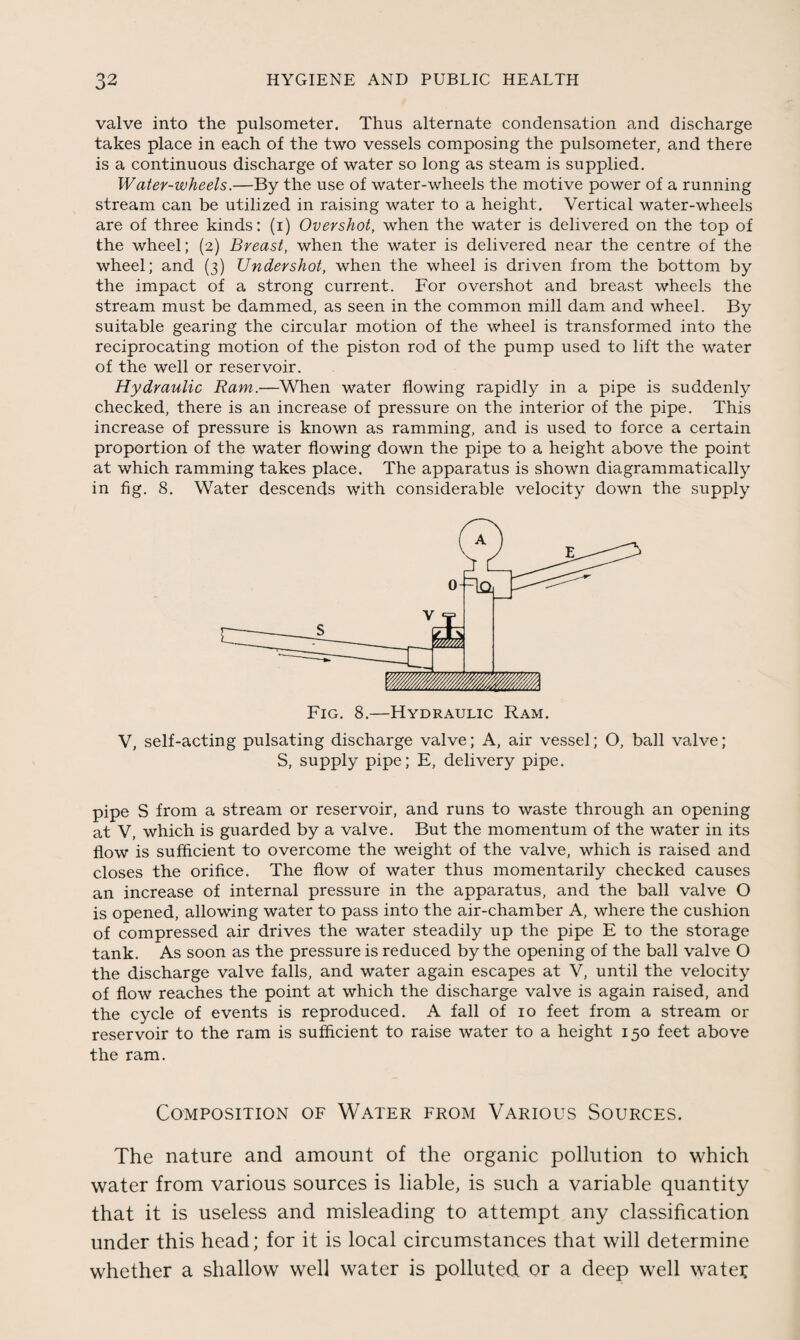 valve into the pulsometer. Thus alternate condensation and discharge takes place in each of the two vessels composing the pulsometer, and there is a continuous discharge of water so long as steam is supplied. Water-wheels.—By the use of water-wheels the motive power of a running stream can be utilized in raising water to a height. Vertical water-wheels are of three kinds: (i) Overshot, when the water is delivered on the top of the wheel; (2) Breast, when the water is delivered near the centre of the wheel; and (3) Undershot, when the wheel is driven from the bottom by the impact of a strong current. For overshot and breast wheels the stream must be dammed, as seen in the common mill dam and wheel. By suitable gearing the circular motion of the wheel is transformed into the reciprocating motion of the piston rod of the pump used to lift the water of the well or reservoir. Hydraulic Ram.—When water flowing rapidly in a pipe is suddenly checked, there is an increase of pressure on the interior of the pipe. This increase of pressure is known as ramming, and is used to force a certain proportion of the water flowing down the pipe to a height above the point at which ramming takes place. The apparatus is shown diagrammatically in fig. 8. Water descends with considerable velocity down the supply V, self-acting pulsating discharge valve; A, air vessel; O, ball valve; S, supply pipe; E, delivery pipe. pipe S from a stream or reservoir, and runs to waste through an opening at V, which is guarded by a valve. But the momentum of the water in its flow is sufficient to overcome the weight of the valve, which is raised and closes the orifice. The flow of water thus momentarily checked causes an increase of internal pressure in the apparatus, and the ball valve O is opened, allowing water to pass into the air-chamber A, where the cushion of compressed air drives the water steadily up the pipe E to the storage tank. As soon as the pressure is reduced by the opening of the ball valve O the discharge valve falls, and water again escapes at V, until the velocity of flow reaches the point at which the discharge valve is again raised, and the cycle of events is reproduced. A fall of 10 feet from a stream or reservoir to the ram is sufficient to raise water to a height 150 feet above the ram. Composition of Water from Various Sources. The nature and amount of the organic pollution to which water from various sources is liable, is such a variable quantity that it is useless and misleading to attempt any classification under this head; for it is local circumstances that will determine whether a shallow well water is polluted or a deep well water