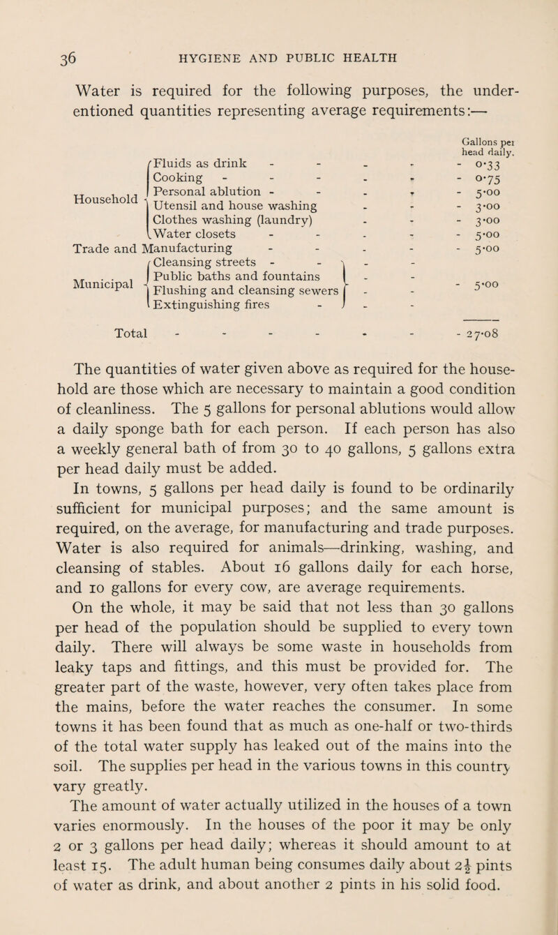 Water is required for the following purposes, the under- entioned quantities representing average requirements:— f Fluids as drink - Gallons pet head daily. - °*33 Cooking - w - °‘75 Household * Personal ablution - ▼ 5-00 Utensil and house washing - - 3’°° Clothes washing (laundry) - - 3*°° [Water closets - 5*00 Trade and Manufacturing - - 5*oo Municipal - ' Cleansing streets - - , _ Public baths and fountains 1 - - 5*°° Flushing and cleansing sewers f - - Total Extinguishing fires ; - 27*08 The quantities of water given above as required for the house¬ hold are those which are necessary to maintain a good condition of cleanliness. The 5 gallons for personal ablutions would allow a daily sponge bath for each person. If each person has also a weekly general bath of from 30 to 40 gallons, 5 gallons extra per head daily must be added. In towns, 5 gallons per head daily is found to be ordinarily sufficient for municipal purposes; and the same amount is required, on the average, for manufacturing and trade purposes. Water is also required for animals—drinking, washing, and cleansing of stables. About 16 gallons daily for each horse, and 10 gallons for every cow, are average requirements. On the whole, it may be said that not less than 30 gallons per head of the population should be supplied to every town daily. There will always be some waste in households from leaky taps and fittings, and this must be provided for. The greater part of the waste, however, very often takes place from the mains, before the water reaches the consumer. In some towns it has been found that as much as one-half or two-thirds of the total water supply has leaked out of the mains into the soil. The supplies per head in the various towns in this country vary greatly. The amount of water actually utilized in the houses of a town varies enormously. In the houses of the poor it may be only 2 or 3 gallons per head daily; whereas it should amount to at least 15. The adult human being consumes daily about 2\ pints of water as drink, and about another 2 pints in his solid food.