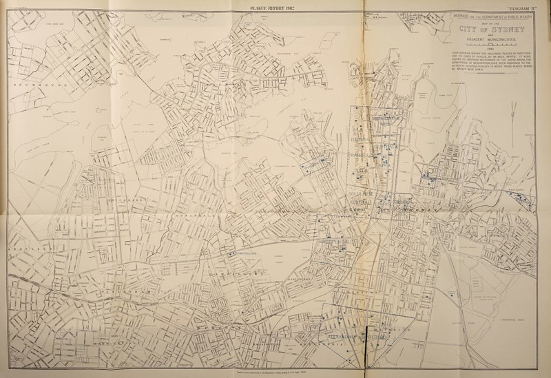 DIAGRAM H _COCKAT00 ISLAND PREPARED FOR the: DEPARTMENT of PUBLIC HEALTH S HAILS FIVE DOCK BAY OOAT 11 1903 THIS DIACRAM SHOWS THE ADJUDGED PLACES OF INFECTION FOR 113 CASES OF PLAGUE, BY 86 BLUE SPOTS. IT ALSO SHOWS THE ARBITRARY BOUNDARIES OF THE AREAS WHICH, FOR CONVENIENCE OF DESCRIPTION,HAVE BEEN ASSIGNED TO THE DIFFERENT NEIGHBOURHOODS IN WHICH THOSE PLACES STAND, BY BROKEN BLUE LINES. SIMMONS P» WATERVIEW BAY FORT MACOUARIE SISTERS BAY Ellion PEACOCKS PI FARM COVE >ROSV£l STREET jROOD : IRON COVE JONES BAY WHITE BAY ELIZABETH BAY POTTS PI PARK HOSPITAL FOR THE INSANE GLEBE ISLAND DARLING PT LEICHHARDT irracnr: BLACKWATTLE BAY rriTtTi WENTWORTH PARK site of View RAILWAY STlriOK •Parramatta^ VICTORIA BARRACKS VICTORIA WAMPERDO UNIVERSITY PARK RRAMALl PRINCE Al-Fj CROUNDS wool cam p e rdowh PARK ^TjaXT SYDNEY PETERSHAM PARK PASTORAL AND AGRICULTURAL WORKSHOPS S« iTEPHEND CHURCH — CERE. TEHY' PARK CENTENNIAL PARK irv r*»« / ERSkiNEVILLE Compiled DrAwn and Printed at the Department of Lande, Sydney NSW A-ug1 1903