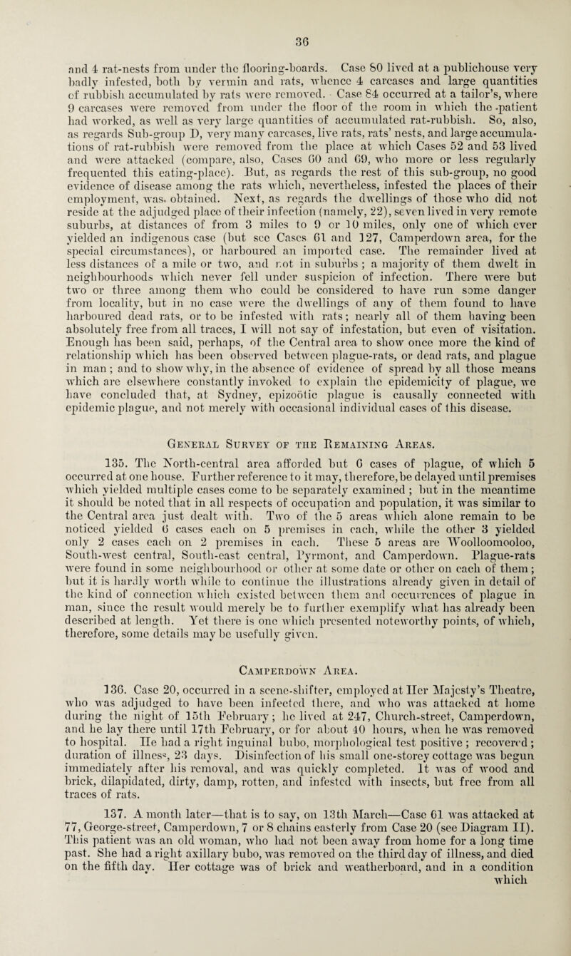 nnd 4 rat-nests from under the flooring-boards. Case 80 lived at a publichouse very badly infested, both by vermin and rats, whence 4 carcases and large quantities of rubbish accumulated by rats were removed. Case 84 occurred at a tailor’s, where 9 carcases were removed from under the floor of the room in which the -patient had worked, as well as very large quantities of accumulated rat-rubbish. So, also, as regards Sub-group D, very many carcases, live rats, rats’ nests, and large accumula¬ tions of rat-rubbish were removed from the place at which Cases 52 and 53 lived and were attacked (compare, also, Cases GO and G9, who more or less regularly frequented this eating-place). 13ut, as regards the rest of this sub-group, no good evidence of disease among the rats which, nevertheless, infested the places of their employment, was. obtained. Next, as regards the dwellings of those who did not reside at the adjudged place of their infection (namely, 22), seven lived in very remote suburbs, at distances of from 3 miles to 9 or 10 miles, only one of whichever yielded an indigenous case (but sec Cases Gland 127, Camperdown area, for the special circumstances), or harboured an imported case. The remainder lived at less distances of a mile or two, and r.ot in suburbs ; a majority of them dwelt in neighbourhoods which never fell under suspicion of infection. There were but two or three among them who could be considered to have run some danger from locality, but in no case were the dwellings of any of them found to have harboured dead rats, or to be infested with rats; nearly all of them bavins; been absolutely free from all traces, I will not say of infestation, but even of visitation. Enough has been said, perhaps, of the Central area to show once more the kind of relationship which has been observed between plague-rats, or dead rats, and plague in man ; and to show why, in the absence of evidence of spread by all those means which are elsewhere constantly invoked 1o explain the epidemicity of plague, we have concluded that, at Sydney, epizootic plague is causally connected with epidemic plague, and not merely with occasional individual cases of this disease. General Survey oe the Remaining Areas. 135. The North-central area afforded but G cases of plague, of which 5 occurred at one house. Eurtlier reference to it may, therefore, be delayed until premises which yielded multiple cases come to be separately examined ; but in the meantime it should be noted that in all respects of occupation and population, it was similar to the Central area just dealt with. Two of the 5 areas which alone remain to be noticed yielded G cases each on 5 premises in each, while the other 3 yielded only 2 cases each on 2 premises in each. These 5 areas are Woolloomooloo, South-west central, South-east central, Pyrmont, and Camperdown. Plague-rats were found in some neighbourhood or other at some date or other on each of them; but it is hardly worth while to continue the illustrations already given in detail of tbc kind of connection which existed between them and occurrences of plague in man, since the result would merely be to further exemplify what has already been described at length. Yet there is one which presented noteworthy points, of which, therefore, some details may be usefully given. Camperdown Area. 136. Case 20, occurred in a scene-sliifter, employed at Her Majesty’s Theatre, who was adjudged to have been infected there, and who was attacked at home during the night of 15th [February; he lived at 247, Church-street, Camperdown, and he lay there until 17tli February, or for about 40 hours, when he was removed to hospital. lie had a right inguinal bubo, morphological test positive ; recovered ; duration of illness, 23 days. Disinfection of his small one-storey cottage was begun immediately after his removal, and was quickly completed. It was of wood and brick, dilapidated, dirty, damp, rotten, and infested with insects, but free from all traces of rats. 137. A month later—that is to sav, on 13th March—Case G1 was attacked at 77, George-street, Camperdown, 7 or 8 chains easterly from Case 20 (see Diagram II). This patient was an old woman, who had not been away from home for a long time past. She had aright axillary bubo, was removed on the third day of illness, and died on the fifth day. Her cottage was of brick and weatherboard, and in a condition which