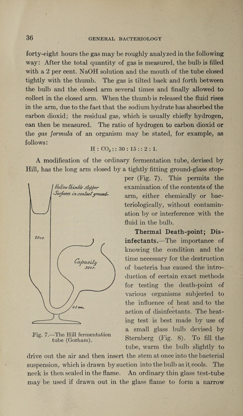 forty-eight hours the gas may be roughly analyzed in the following way: After the total quantity of gas is measured, the bulb is filled with a 2 per cent. NaOH solution and the mouth of the tube closed tightly with the thumb. The gas is tilted back and forth between the bulb and the closed arm several times and finally allowed to collect in the closed arm. When the thumb is released the fluid rises in the arm, due to the fact that the sodium hydrate has absorbed the carbon dioxid; the residual gas, which is usually chiefly hydrogen, can then be measured. The ratio of hydrogen to carbon dioxid or the gas formula of an organism may be stated, for example, as follows: H : C02:: 30 : 15 :: 2 : 1. A modification of the ordinary fermentation tube, devised by Hill, has the long arm closed by a tightly fitting ground-glass stop¬ per (Fig. 7). This permits the examination of the contents of the arm, either chemically or bac- teriologically, without contamin¬ ation by or interference with the fluid in the bulb. Thermal Death-point; Dis¬ infectants.—The importance of knowing the condition and the time necessary for the destruction of bacteria has caused the intro¬ duction of certain exact methods for testing the death-point of various organisms subjected to the influence of heat and to the action of disinfectants. The heat¬ ing test is best made by use of a small glass bulb devised by Sternberg (Fig. 8). To fill the tube, warm the bulb slightly to drive out the air and then insert the stem at once into the bacterial suspension, which is drawn by suction into the bulb as it cools. The neck is then sealed in the flame. An ordinary thin glass test-tube may be used if drawn out in the glass flame to form a narrow Fig. 7.—The Hill fermentation tube (Gorham).