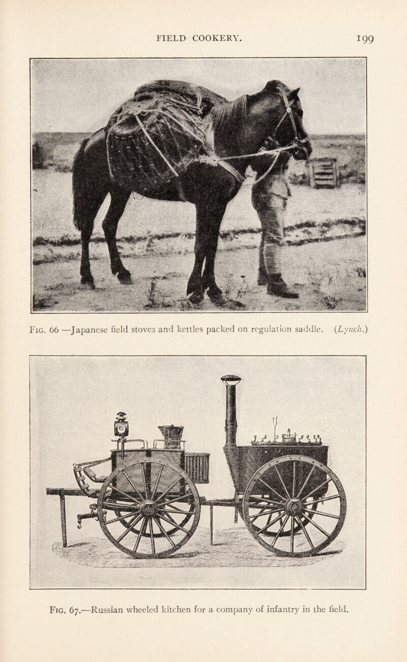 IQ9 Fig. 66 —Japanese field stoves and kettles packed on regulation saddle. {Lynch.) Fig. 67.—Russian wheeled kitchen for a company of infantry in the field