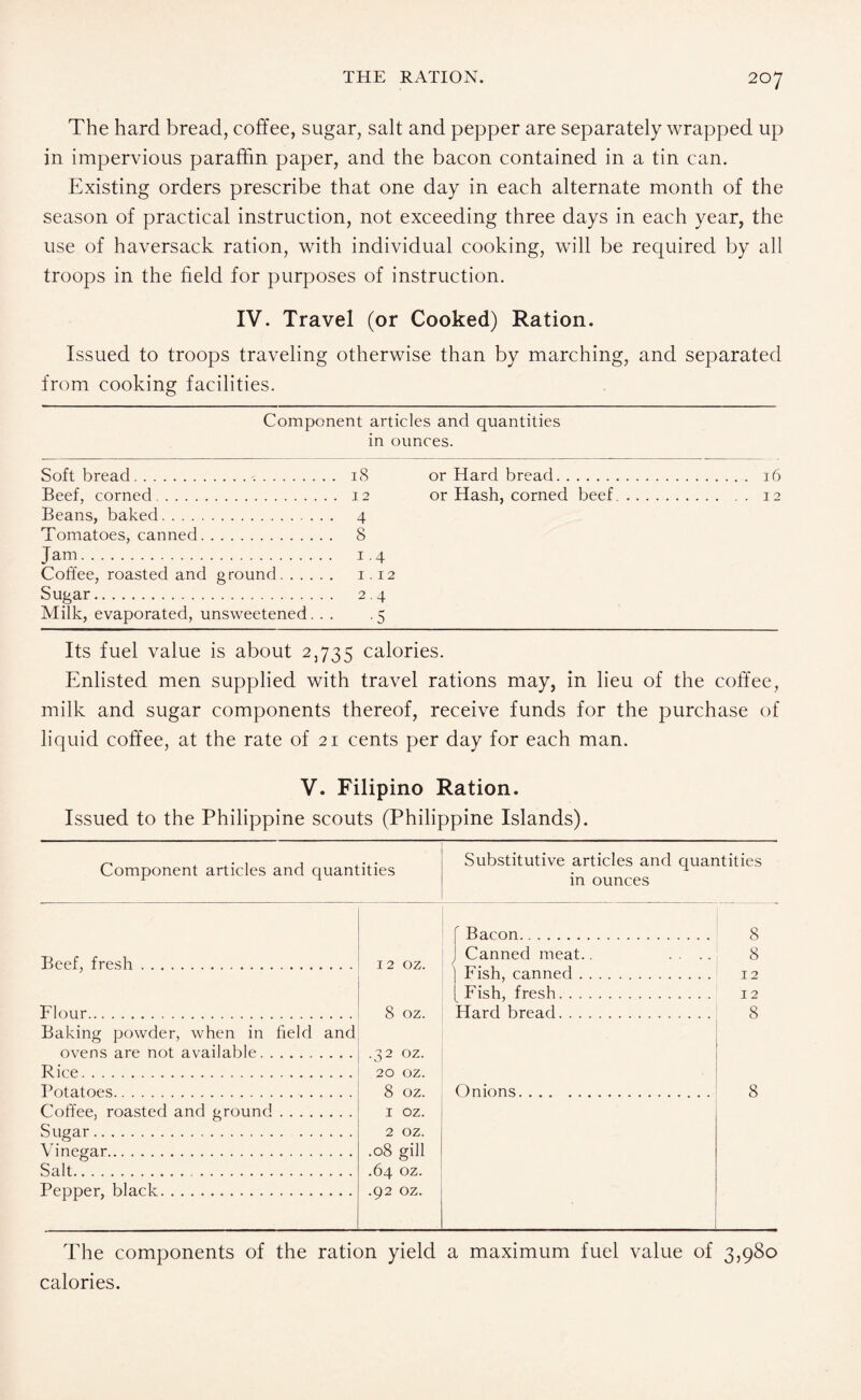 The hard bread, coffee, sugar, salt and pepper are separately wrapped up in impervious paraffin paper, and the bacon contained in a tin can. Existing orders prescribe that one day in each alternate month of the season of practical instruction, not exceeding three days in each year, the use of haversack ration, with individual cooking, will be required by all troops in the field for purposes of instruction. IV. Travel (or Cooked) Ration. Issued to troops traveling otherwise than by marching, and separated from cooking facilities. Component articles and quantities in ounces. Soft bread. . 18 or Hard bread. . 16 Beef, corned. . 12 or Hash, corned beef. Beans, baked. • 4 Tomatoes, canned. . 8 Jam. . 1.4 Coffee, roasted and ground. 1.12 Sugar. • 2.4 Milk, evaporated, unsweetened. . •5 Its fuel value is about 2,735 calories. Enlisted men supplied with travel rations may, in lieu of the coffee, milk and sugar components thereof, receive funds for the purchase of liquid coffee, at the rate of 21 cents per day for each man. V. Filipino Ration. Issued to the Philippine scouts (Philippine Islands). Component articles and quantities Substitutive articles and quantities in ounces Beef, fresh. 12 oz. Flour. 8 oz. Baking powder, when in field and ovens are not available. .32 oz. Rice. 20 oz. Potatoes. 8 oz. Coffee, roasted and ground. 1 oz. S ugar. 2 oz. Vinegar. .08 gill Salt. .64 oz. Pepper, black. .92 oz. f Bacon. 8 J Canned meat.. .... 8 | Fish, canned. 12 [ Fish, fresh. 12 Hard bread. Onions. 8 The components of the ration yield a maximum fuel value of 3,980 calories.