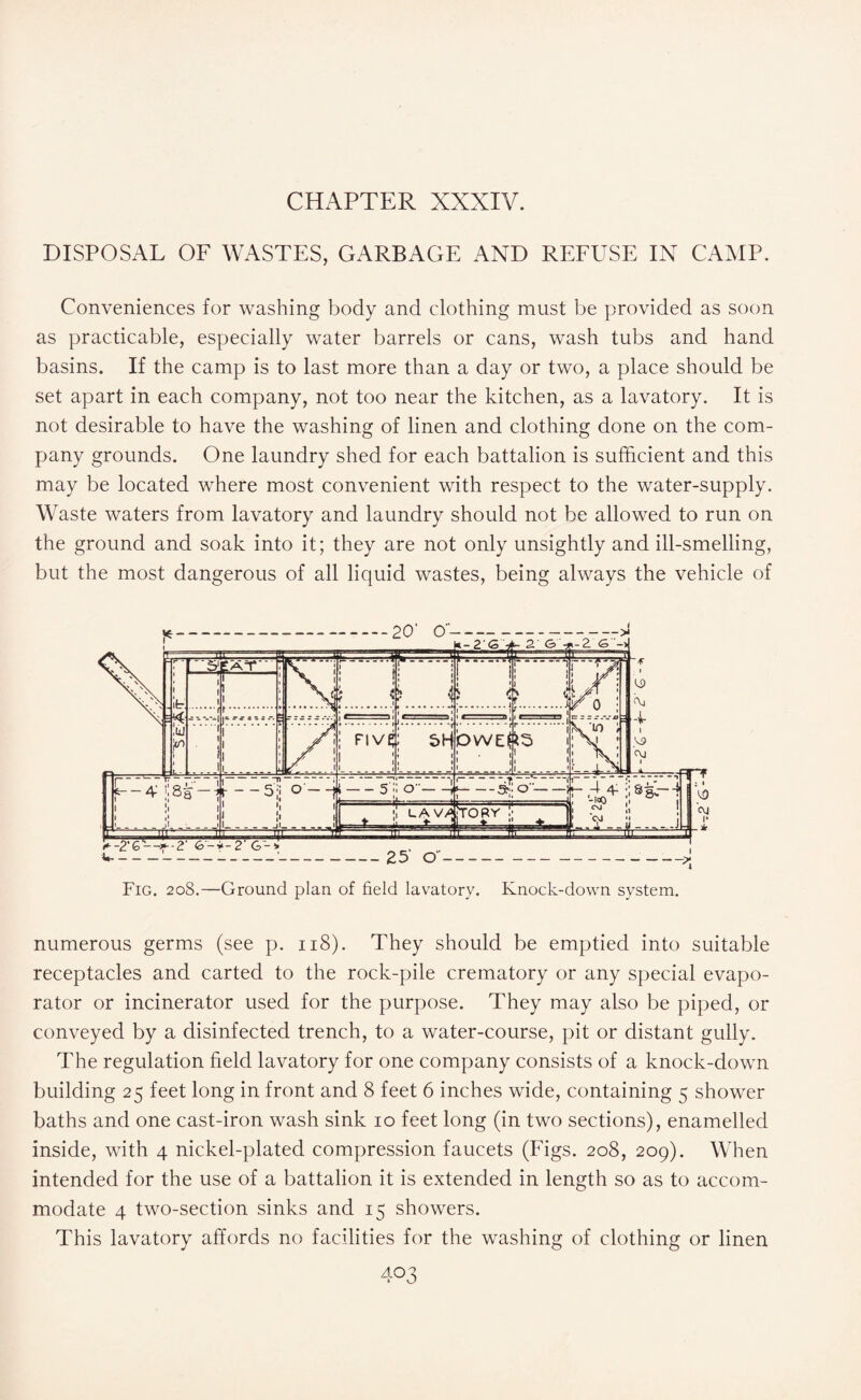 DISPOSAL OF WASTES, GARBAGE AND REFUSE IN CAMP. Conveniences for washing body and clothing must be provided as soon as practicable, especially water barrels or cans, wash tubs and hand basins. If the camp is to last more than a day or two, a place should be set apart in each company, not too near the kitchen, as a lavatory. It is not desirable to have the washing of linen and clothing done on the com¬ pany grounds. One laundry shed for each battalion is sufficient and this may be located where most convenient with respect to the water-supply. Waste waters from lavatory and laundry should not be allowed to run on the ground and soak into it; they are not only unsightly and ill-smelling, but the most dangerous of all liquid wastes, being always the vehicle of Fig. 208.—Ground plan of field lavatory. Knock-down system. numerous germs (see p. 118). They should be emptied into suitable receptacles and carted to the rock-pile crematory or any special evapo¬ rator or incinerator used for the purpose. They may also be piped, or conveyed by a disinfected trench, to a water-course, pit or distant gully. The regulation field lavatory for one company consists of a knock-down building 25 feet long in front and 8 feet 6 inches wide, containing 5 shower baths and one cast-iron wash sink 10 feet long (in two sections), enamelled inside, with 4 nickel-plated compression faucets (Figs. 208, 209). When intended for the use of a battalion it is extended in length so as to accom¬ modate 4 two-section sinks and 15 showers. This lavatory affords no facilities for the washing of clothing or linen