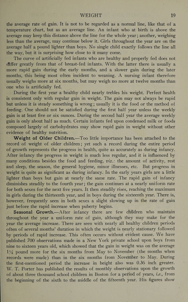 the average rate of gain. It is not to be regarded as a normal line, like that of a temperature chart, but as an average line. An infant who at birth is above the average may keep this distance above the line for the whole year; another, weighing less than the average, may continue below it. Girls throughout the year are on the average half a pound lighter than boys. No single child exactly follows the line all the way, but it is surprising how close to it many come. The curve of artificially fed infants who are healthy and properly fed does not differ greatly from that of breast-fed infants. With the latter there is usually a more rapid gain during the early months, and a slower gain during the later months, this being most often incident to weaning. A nursing infant therefore usually weighs more at six months, but may weigh no more at twelve months than one who is artificially fed. During the first year a healthy child nearly trebles his weight. Perfect health is consistent only with regular gain in weight. The gain may not always be rapid but unless it is steady something is wrong; usually it is the food or the method of feeding. One should not be satisfied during the first half year unless the weekly gain is at least five or six ounces. During the second half year the average weekly gain is only about half as much. Certain infants fed upon condensed milk or foods composed largely of carbohydrates may show rapid gain in weight without other evidence of healthy nutrition. Weight of Older Children .—Too little importance has been attached to the record of weight of older children; yet such a record during the entire period of growth represents the progress in health, quite as accurately as during infancy. After infancy the progress in weight is much less regular, and it is influenced by many conditions besides the food and feeding, viz.: the amount of activity, rest and sleep, the season, the general hygiene, minor illnesses, etc. But progress in weight is quite as significant as during infancy. In the early years girls are a little lighter than boys but gain at nearly the same rate. The rapid gain of infancy diminishes steadily to the fourth year; the gain continues at a nearly uniform rate for both sexes for the next five years. It then steadily rises, reaching the maximum in girls during the thirteenth year, and in boys during the sixteenth year. There is, however, frequently seen in both sexes a slight slowing up in the rate of gain just before the rapid increase when puberty begins. Seasonal Growth.—After infancy there are few children who maintain throughout the year a uniform rate of gain, although they may make for the year the average increase. There are seen with nearly all healthy children periods often of several months’ duration in which the weight is nearly stationary followed by periods of rapid increase. This often occurs without evident cause. We have published 700 observations made in a New York private school upon boys from nine to sixteen years old, which showed that the gain in weight was on the average 1J4 pound more for the six months from May to November (the months when records were made) than in the six months from November to May. During the first-mentioned period the increase in height also was 0.36 inch greater. W. T. Porter has published the results of monthly observations upon the growth of about three thousand school children in Boston for a period of years, i.e., from the beginning of the sixth to the middle of the fifteenth year. His figures show
