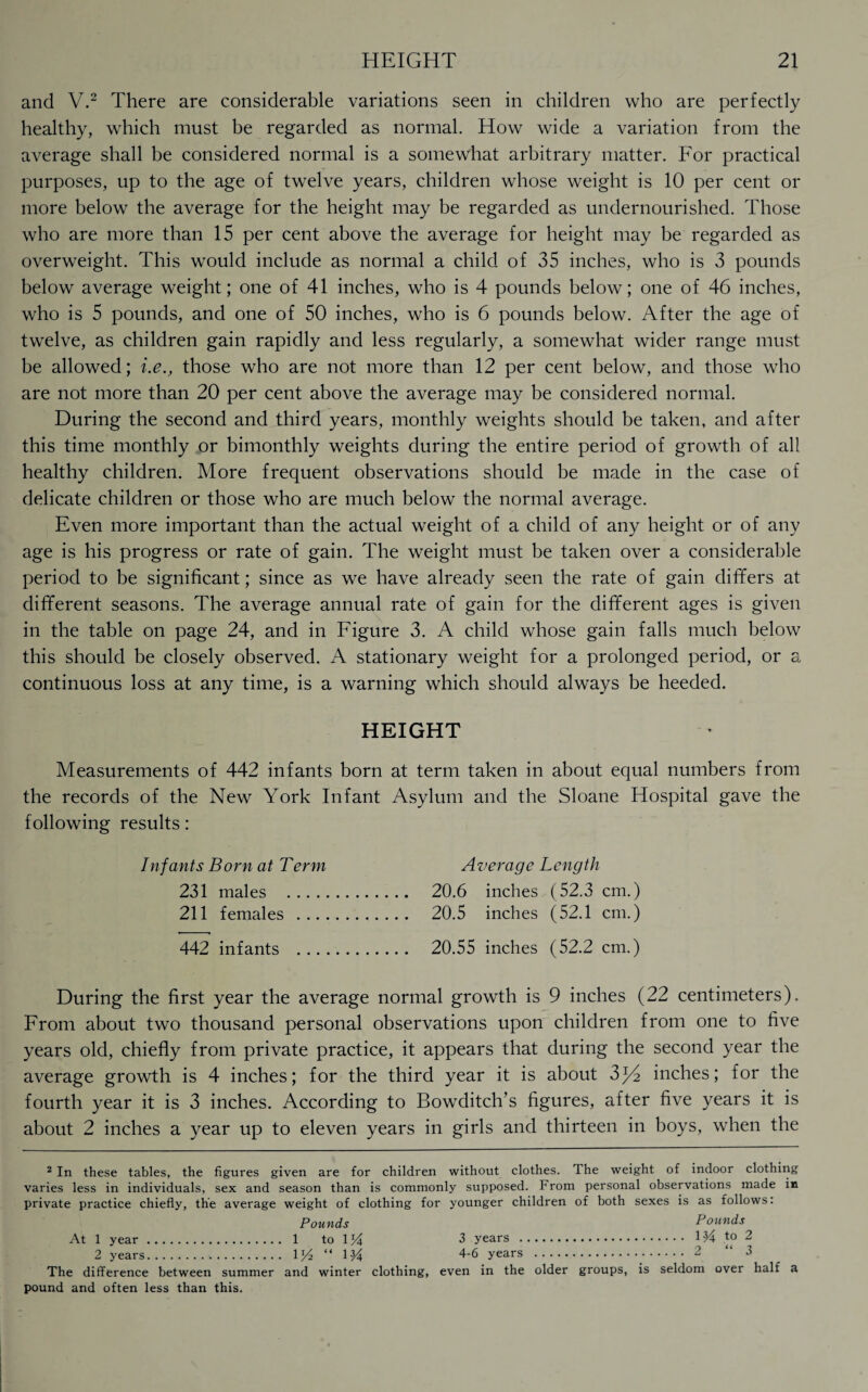 and V.2 There are considerable variations seen in children who are perfectly healthy, which must be regarded as normal. How wide a variation from the average shall be considered normal is a somewhat arbitrary matter. For practical purposes, up to the age of twelve years, children whose weight is 10 per cent or more below the average for the height may be regarded as undernourished. Those who are more than 15 per cent above the average for height may be regarded as overweight. This would include as normal a child of 35 inches, who is 3 pounds below average weight; one of 41 inches, who is 4 pounds below; one of 46 inches, who is 5 pounds, and one of 50 inches, who is 6 pounds below. After the age of twelve, as children gain rapidly and less regularly, a somewhat wider range must be allowed; i.e., those who are not more than 12 per cent below, and those who are not more than 20 per cent above the average may be considered normal. During the second and third years, monthly weights should be taken, and after this time monthly or bimonthly weights during the entire period of growth of all healthy children. More frequent observations should be made in the case of delicate children or those who are much below the normal average. Even more important than the actual weight of a child of any height or of any age is his progress or rate of gain. The weight must be taken over a considerable period to be significant; since as we have already seen the rate of gain differs at different seasons. The average annual rate of gain for the different ages is given in the table on page 24, and in Figure 3. A child whose gain falls much below this should be closely observed. A stationary weight for a prolonged period, or a continuous loss at any time, is a warning which should always be heeded. HEIGHT Measurements of 442 infants born at term taken in about equal numbers from the records of the New York Infant Asylum and the Sloane Hospital gave the following results: Infants Born at Term Average Length 231 males . 20.6 inches (52.3 cm.) 211 females . 20.5 inches (52.1 cm.) 442 infants . 20.55 inches (52.2 cm.) During the first year the average normal growth is 9 inches (22 centimeters). From about two thousand personal observations upon children from one to five years old, chiefly from private practice, it appears that during the second year the average growth is 4 inches; for the third year it is about 3)/2 inches; for the fourth year it is 3 inches. According to Bowditch’s figures, after five years it is about 2 inches a year up to eleven years in girls and thirteen in boys, when the 2 In these tables, the figures given are for children without clothes. The weight of indoor clothing varies less in individuals, sex and season than is commonly supposed. From personal observations made in private practice chiefly, the average weight of clothing for younger children of both sexes is as follows: Pounds Pounds At 1 year. 1 to \lA 3 years . 1?4 to 2 2 years. “ 1M 4-6 years . 2 “ 3 The difference between summer and winter clothing, even in the older groups, is seldom over half a pound and often less than this.