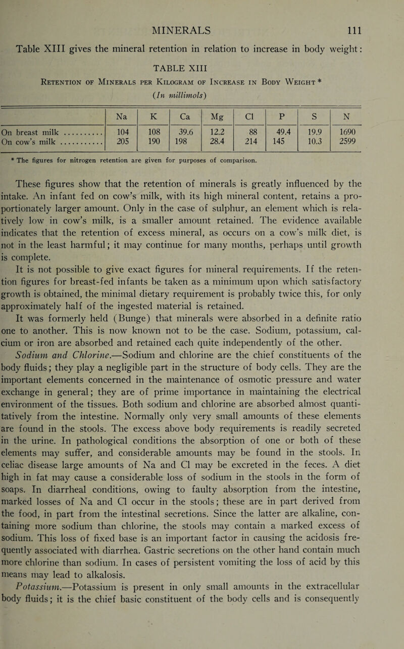 Table XIII gives the mineral retention in relation to increase in body weight: TABLE XIII Retention of Minerals per Kilogram of Increase in Body Weight * (In millimols) Na K Ca Mg Cl P S N On breast milk . 104 108 39.6 12.2 88 49.4 19.9 1690 On cow’s milk . 205 190 198 28.4 214 145 10.3 2599 * The figures for nitrogen retention are given for purposes of comparison. These figures show that the retention of minerals is greatly influenced by the intake. An infant fed on cow’s milk, with its high mineral content, retains a pro¬ portionately larger amount. Only in the case of sulphur, an element which is rela¬ tively low in cow’s milk, is a smaller amount retained. The evidence available indicates that the retention of excess mineral, as occurs on a cow’s milk diet, is not in the least harmful; it may continue for many months, perhaps until growth is complete. It is not possible to give exact figures for mineral requirements. If the reten¬ tion figures for breast-fed infants be taken as a minimum upon which satisfactory growth is obtained, the minimal dietary requirement is probably twice this, for only approximately half of the ingested material is retained. It was formerly held (Bunge) that minerals were absorbed in a definite ratio one to another. This is now known not to be the case. Sodium, potassium, cal¬ cium or iron are absorbed and retained each quite independently of the other. Sodium and Chlorine.—Sodium and chlorine are the chief constituents of the body fluids; they play a negligible part in the structure of body cells. They are the important elements concerned in the maintenance of osmotic pressure and water exchange in general; they are of prime importance in maintaining the electrical environment of the tissues. Both sodium and chlorine are absorbed almost quanti¬ tatively from the intestine. Normally only very small amounts of these elements are found in the stools. The excess above body requirements is readily secreted in the urine. In pathological conditions the absorption of one or both of these elements may suffer, and considerable amounts may be found in the stools. In celiac disease large amounts of Na and Cl may be excreted in the feces. A diet high in fat may cause a considerable loss of sodium in the stools in the form of soaps. In diarrheal conditions, owing to faulty absorption from the intestine, marked losses of Na and Cl occur in the stools; these are in part derived from the food, in part from the intestinal secretions. Since the latter are alkaline, con¬ taining more sodium than chlorine, the stools may contain a marked excess of sodium. This loss of fixed base is an important factor in causing the acidosis fre¬ quently associated with diarrhea. Gastric secretions on the other hand contain much more chlorine than sodium. In cases of persistent vomiting the loss of acid by this means may lead to alkalosis. Potassium.—Potassium is present in only small amounts in the extracellular body fluids; it is the chief basic constituent of the body cells and is consequently